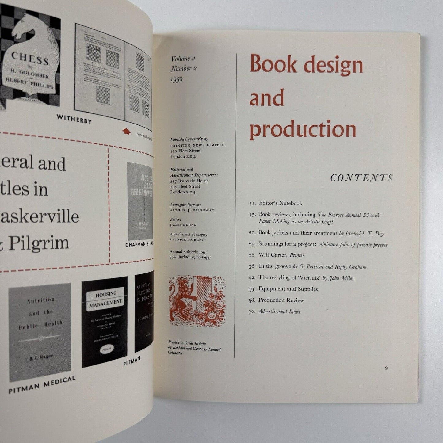 Book Design and Production Vol 2 No 2 1959 | Printing News Ltd edited by James Moran includes article on Will Carter
