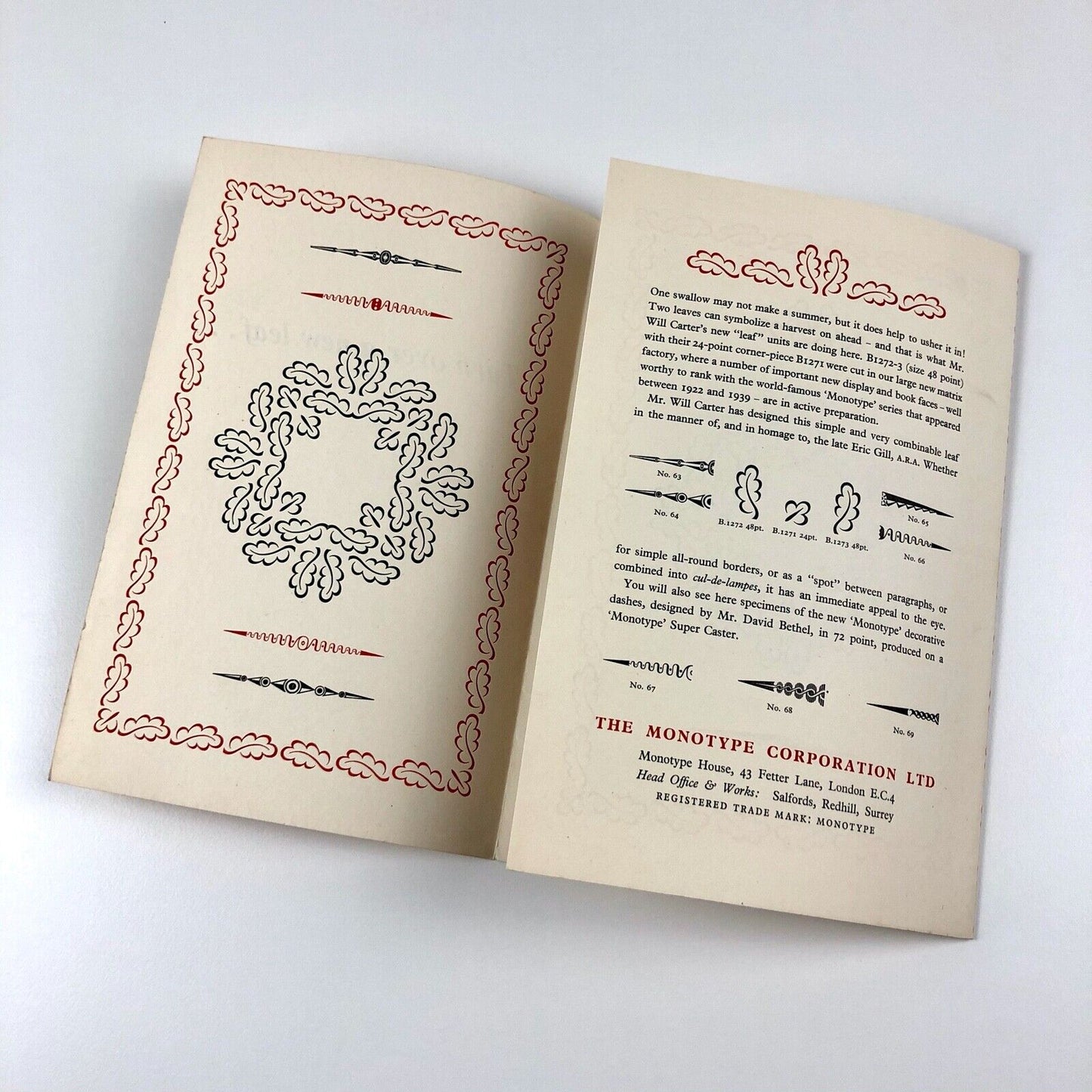 Turn over a new leaf…type specimen leaflet for Will Carter’s new “leaf” design for Monotype. Printed by The Stellar Press, undated