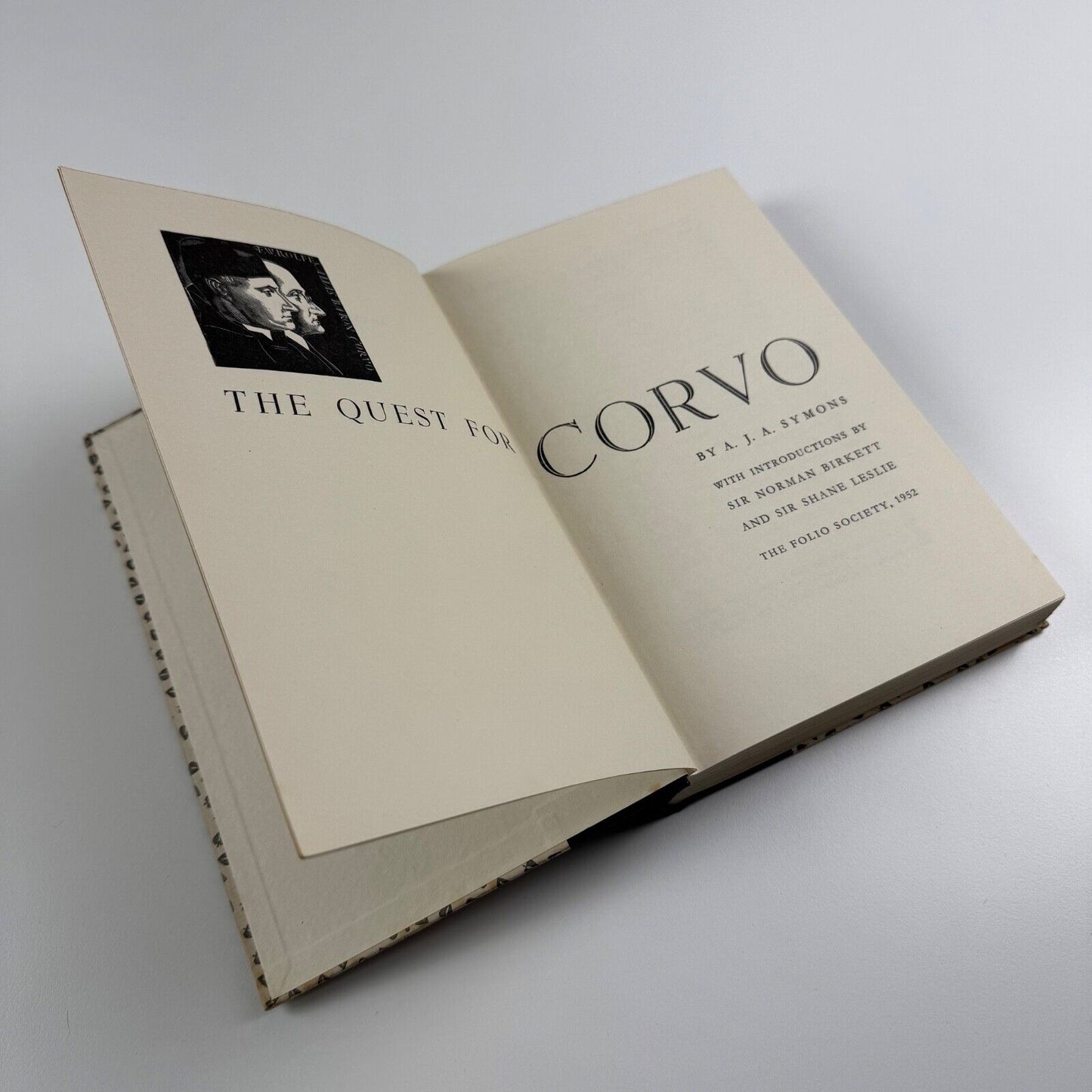 The Quest for Corvo by A.J.A. Symons | The Folio Society, 1952 | S.L. Hartz wood engraving on cover