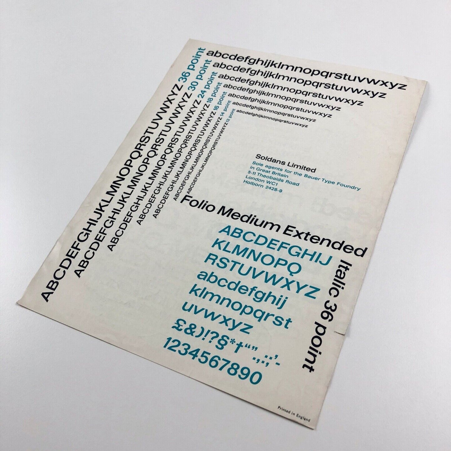 Folio Medium Extended Bauer Type Foundry designed by Dr Konrad F. Bauer and Walter Baum | Soldans Ltd, undated