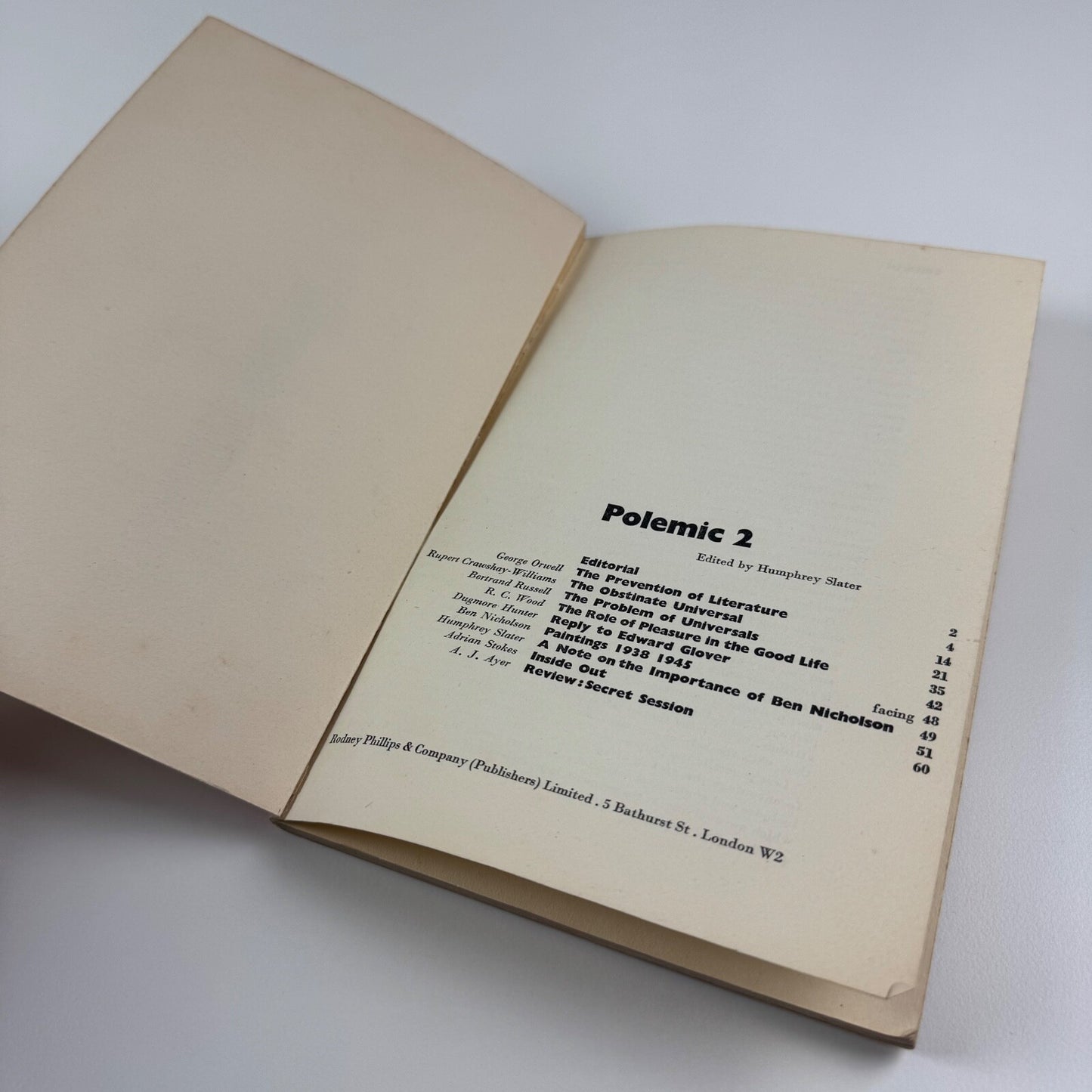 Polemic 2 edited by Humphrey Slater. Rodney Phillips & Co, January 1946. Cover design by Ben Nicholson. Typography by Anthony Froshaug