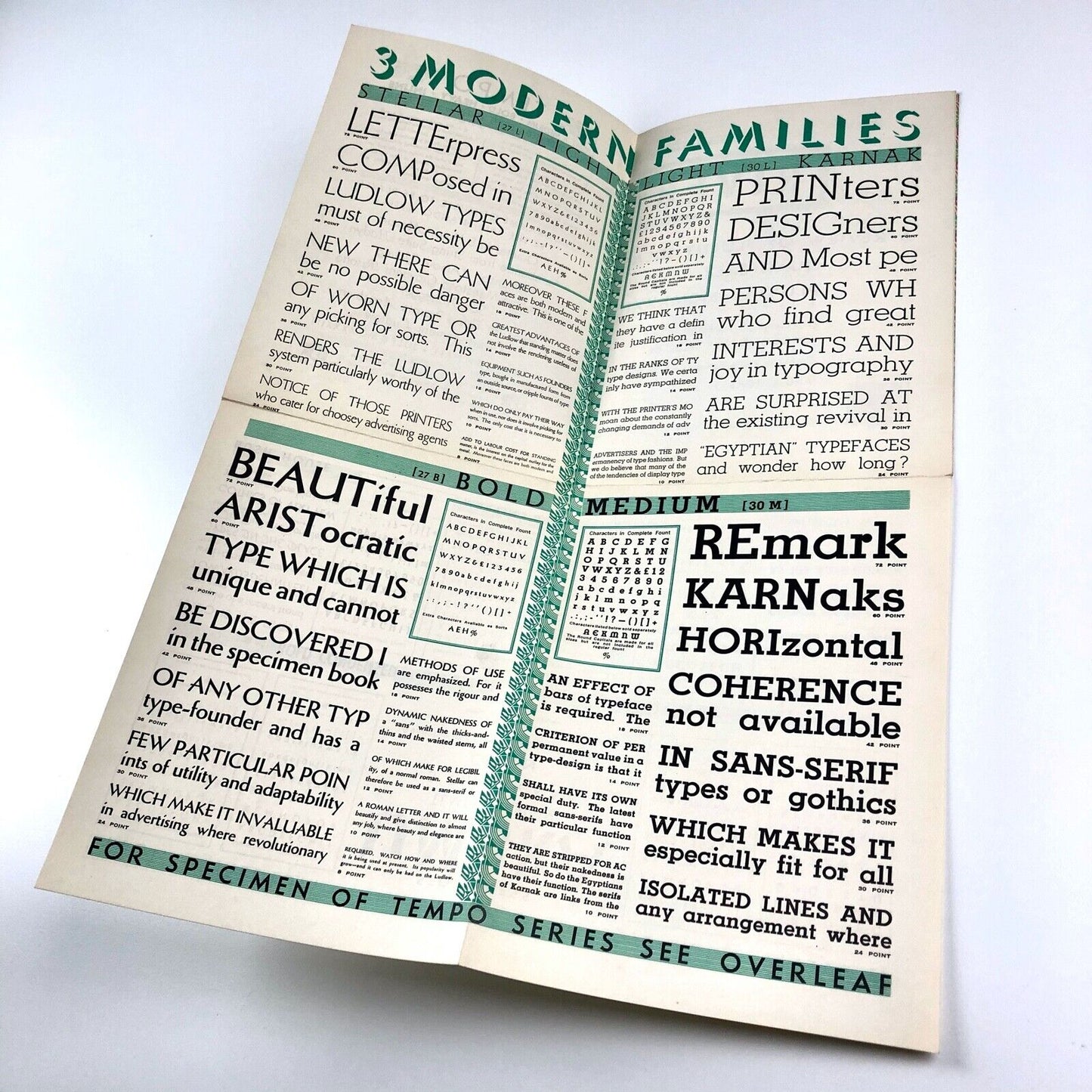 Three Modern Families: Stellar Karnak Tempo | Ludlow type specimen booklet, 1933