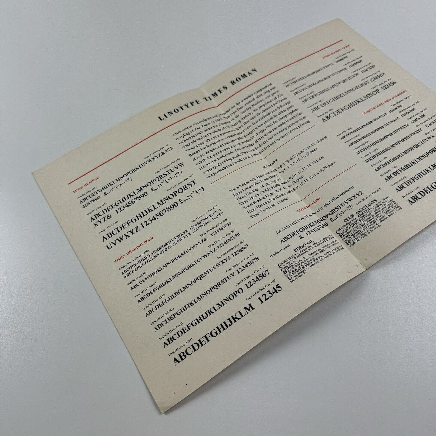 Linotype Times Roman – type specimen fold out poster | Undated