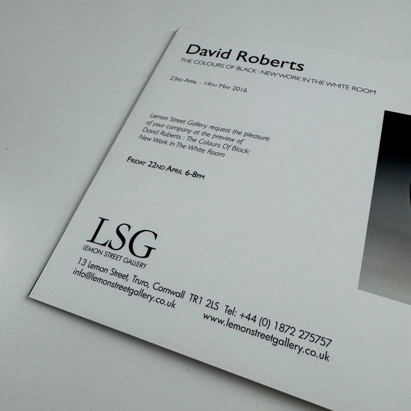 Folding card/PV invite David Roberts. The colours of black Lemon Street Gallery, 2016