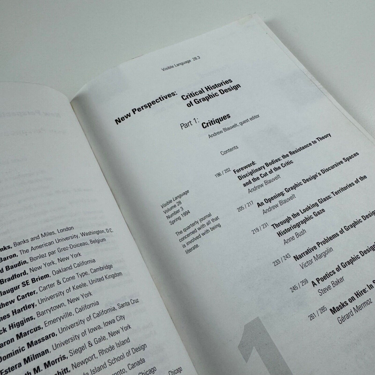 Visible Language journal Vol 28 Number 3 July 1994 Special Project Critical Histories of Graphic Design Part 1 Critiques. Guest editor Andrew Blauvelt