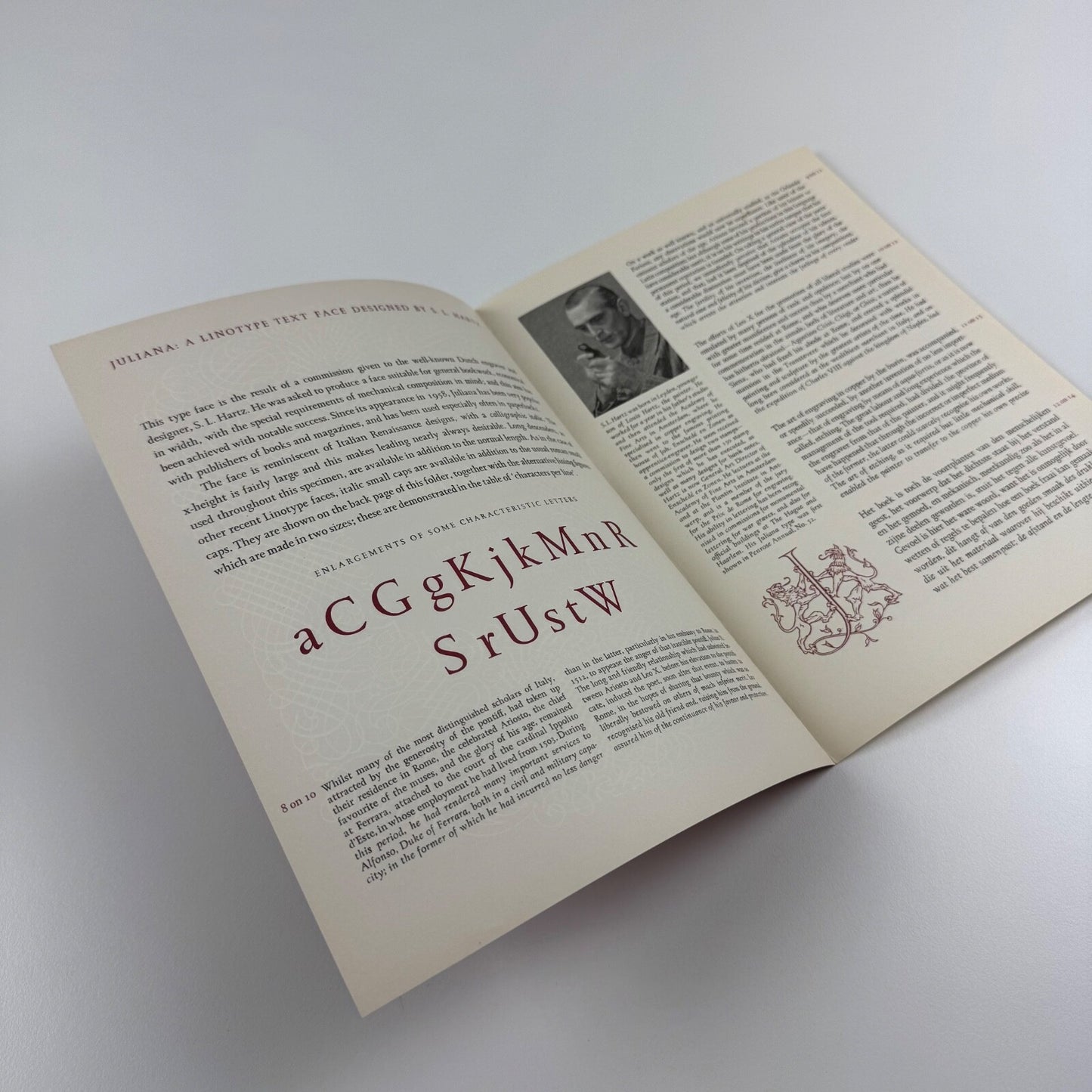Type specimen sheet for Linotype Juliana A book face designed for Linotype by S.L. Hartz