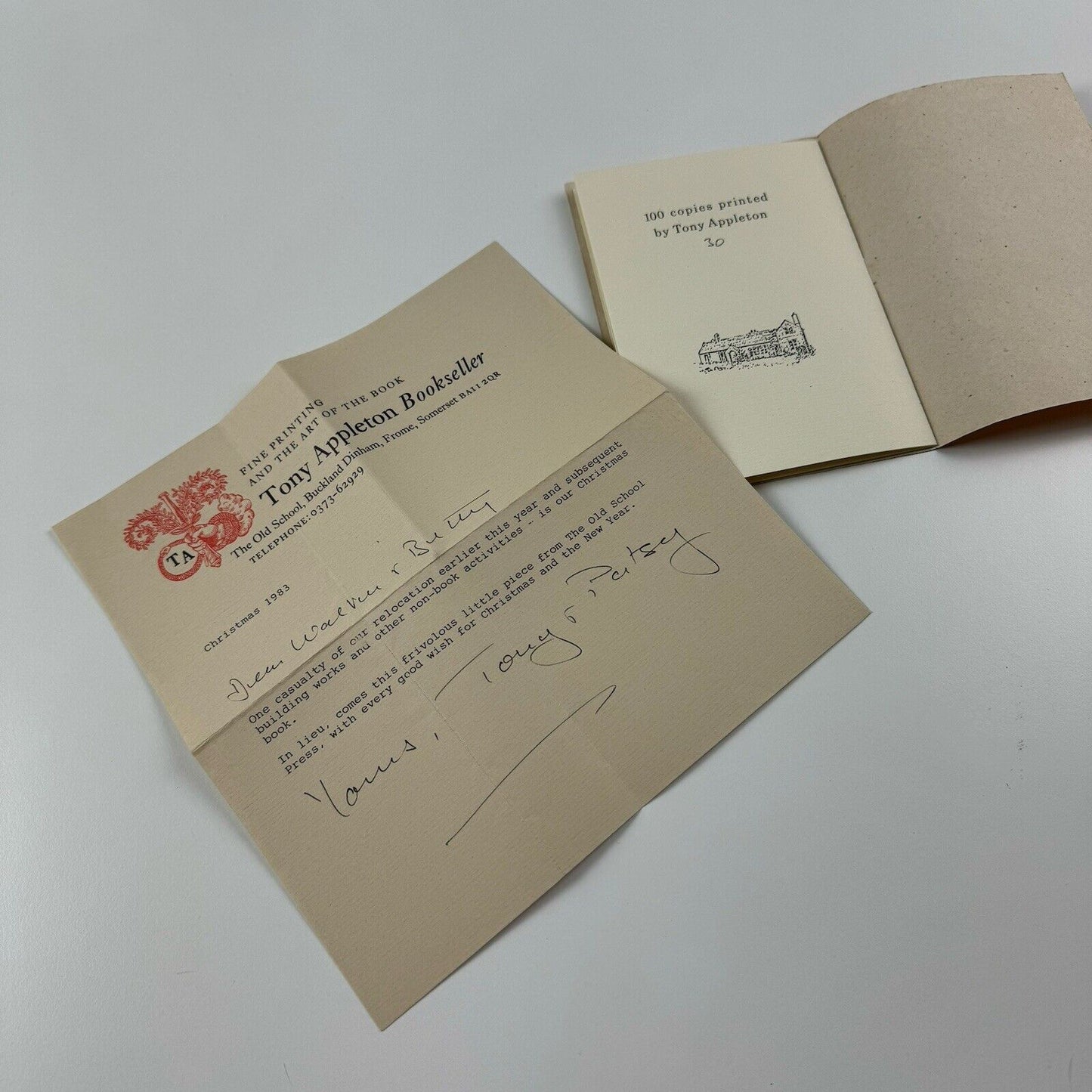 A History of Printing in Buckland Dinham by Tony Appleton | Christmas 1983 | blank pages throughout | limited edition this 30/100