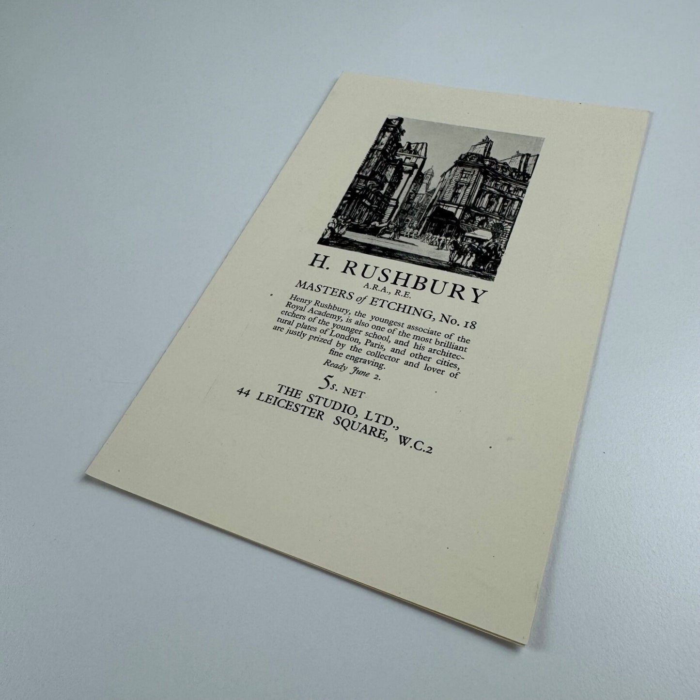 Order form for H. Rushbury, Masters of Etching series. The Studio. Undated 1920s