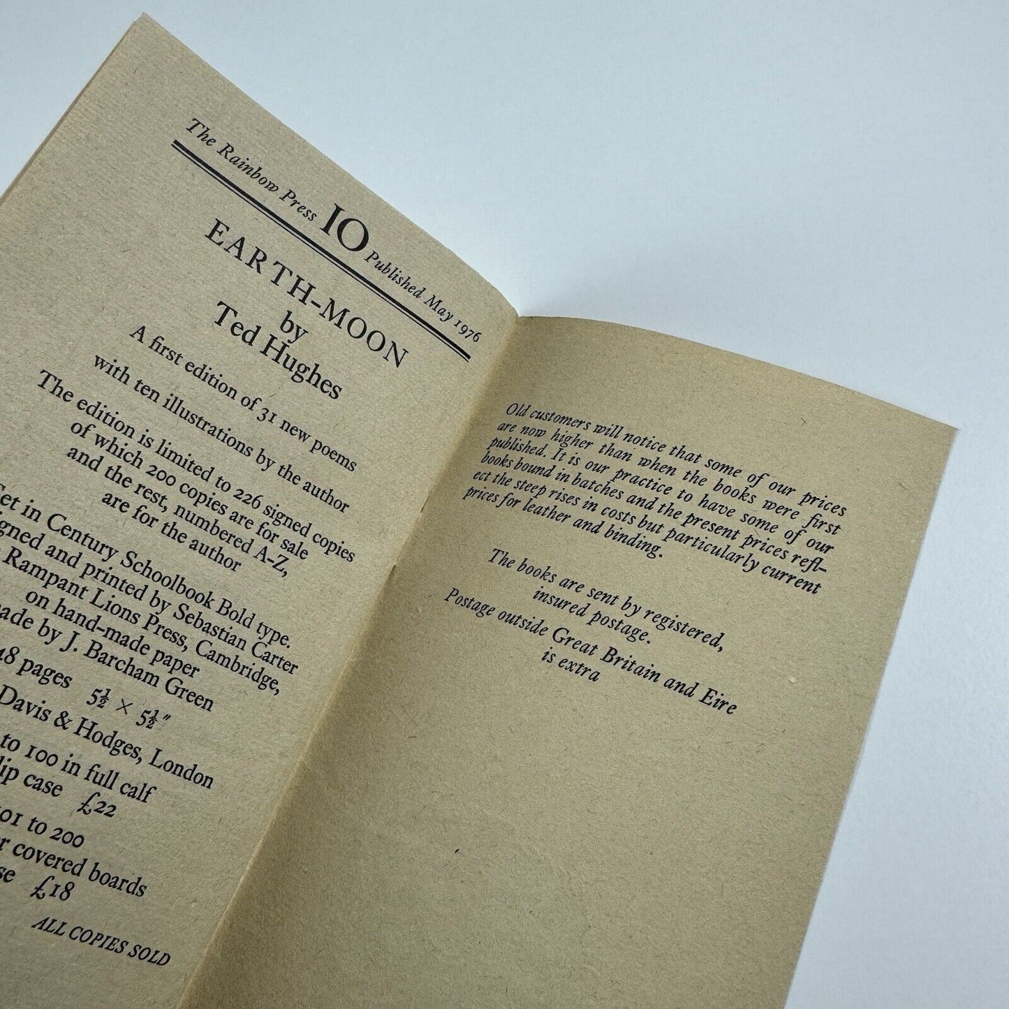 Leaflet for The Rainbow Press | The first 10 publications 1970-1977 | The John Robert Press | includes Ted Hughes, Sylvia Plath