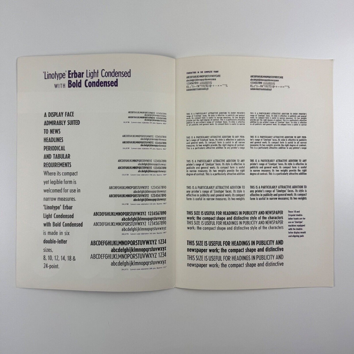 Linotype Erbar Light Condensed with Bold Condensed. Type specimen sheet. Undated