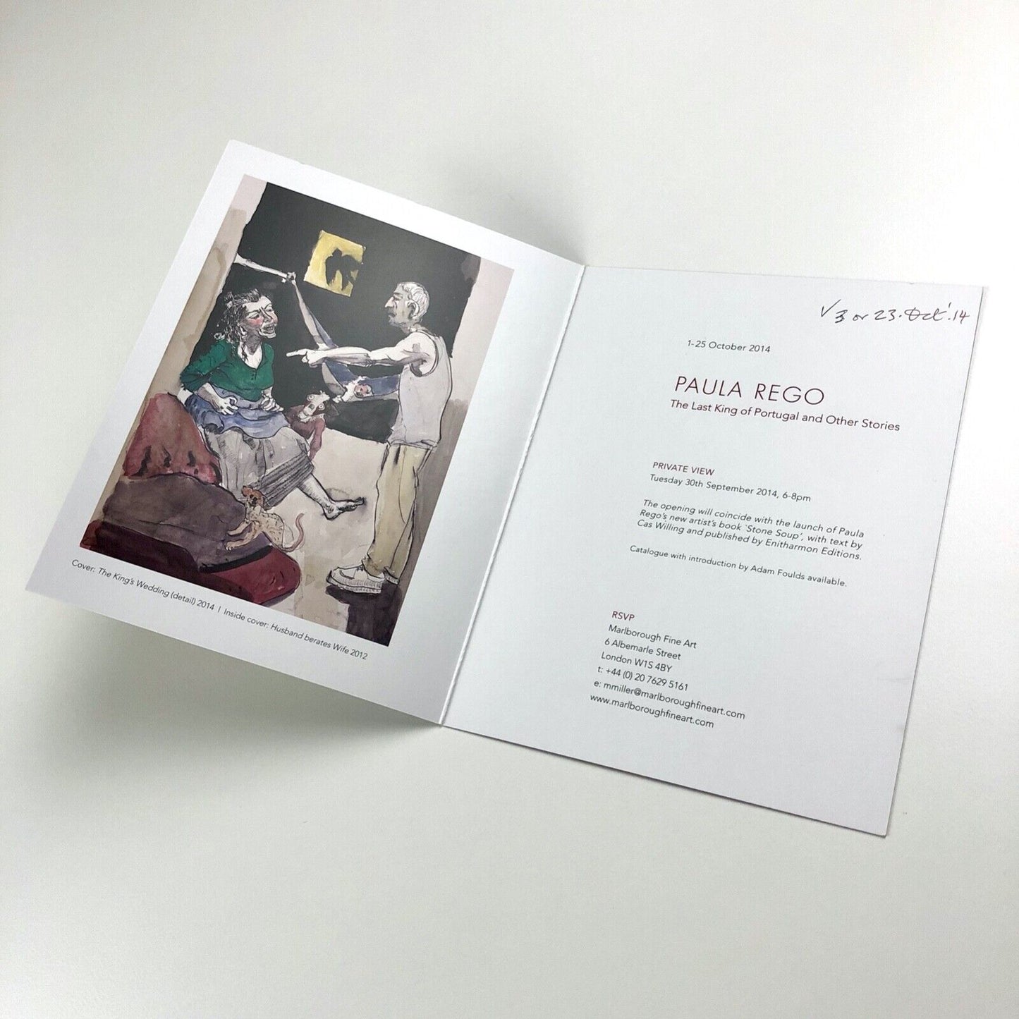 Private View card for Paula Rego. The last King of Portugal | Marlborough Fine Art, 2014