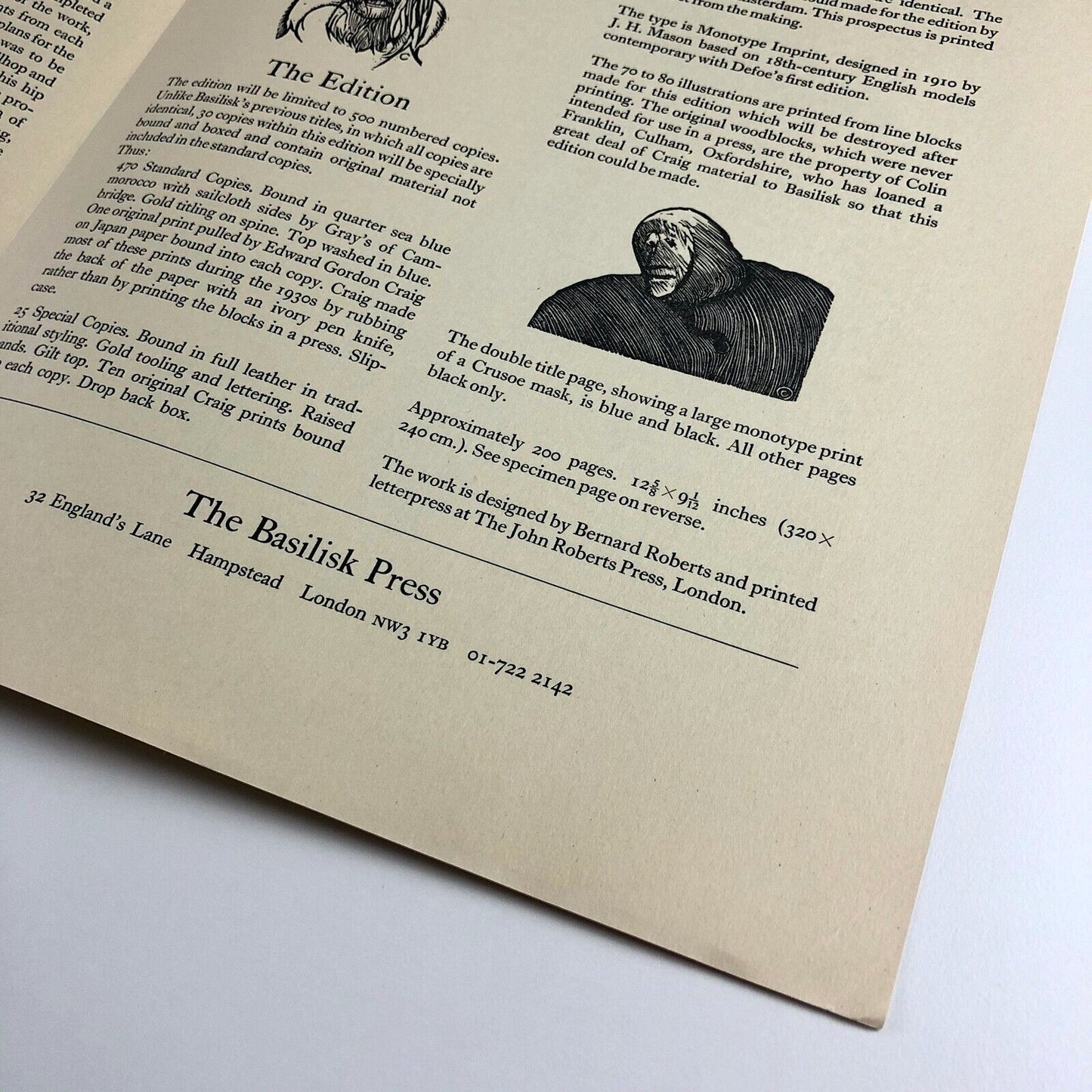 Prospectus for Daniel Defoe, Robinson Crusoe | Basilisk Press| illustrations by Edward Gordon Craig