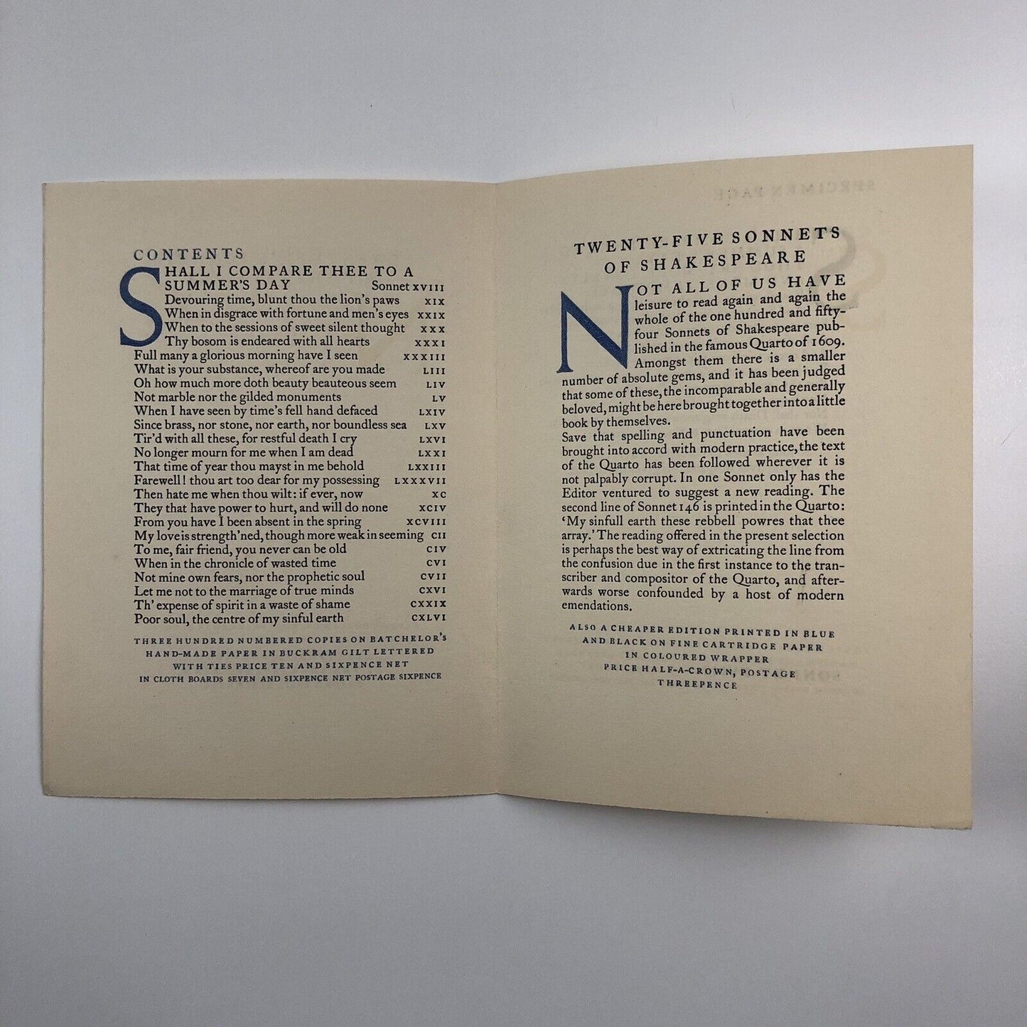 Specimen page/prospectus – Twenty-five sonnets of Shakespeare | The Shakespeare Head Press | Undated, perhaps c.1922