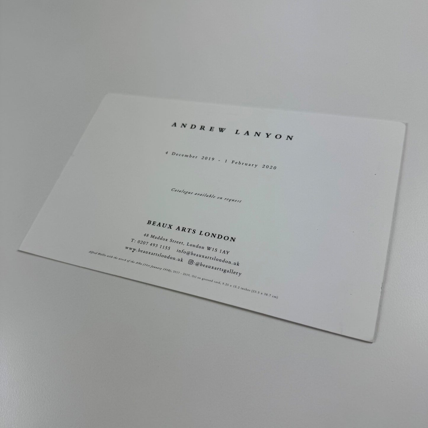 Promotional card for Andrew Lanyon Beaux Arts London 2019/20