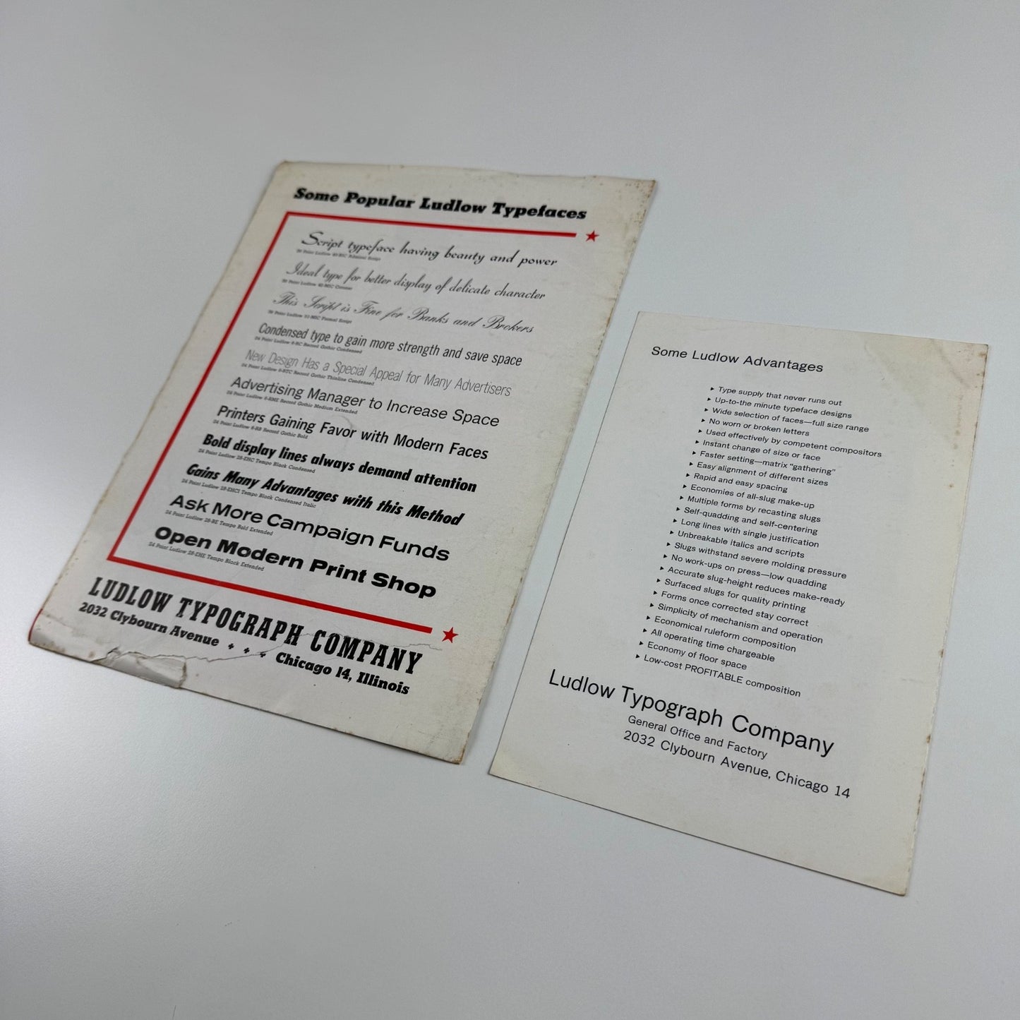Two leaflets for Ludlow Typograph Company, Chicago Ludlow machinery