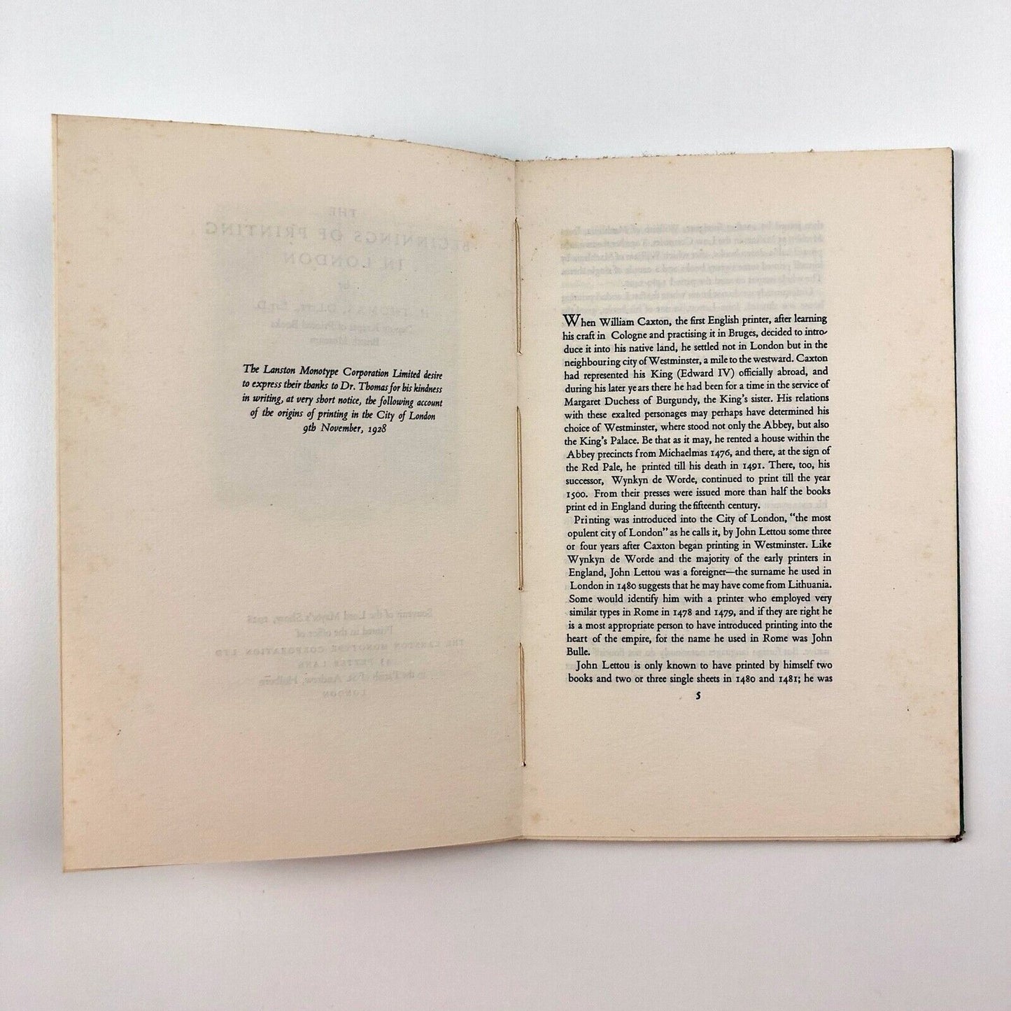 The Beginnings of Printing in London by H. Thomas, 1928 | Printed as a souvenir of the Lord Mayor’s Show of 1928 in the offices of Lanston Monotype Corporation Ltd | The booklet is believed to have been designed by Stanley Morison