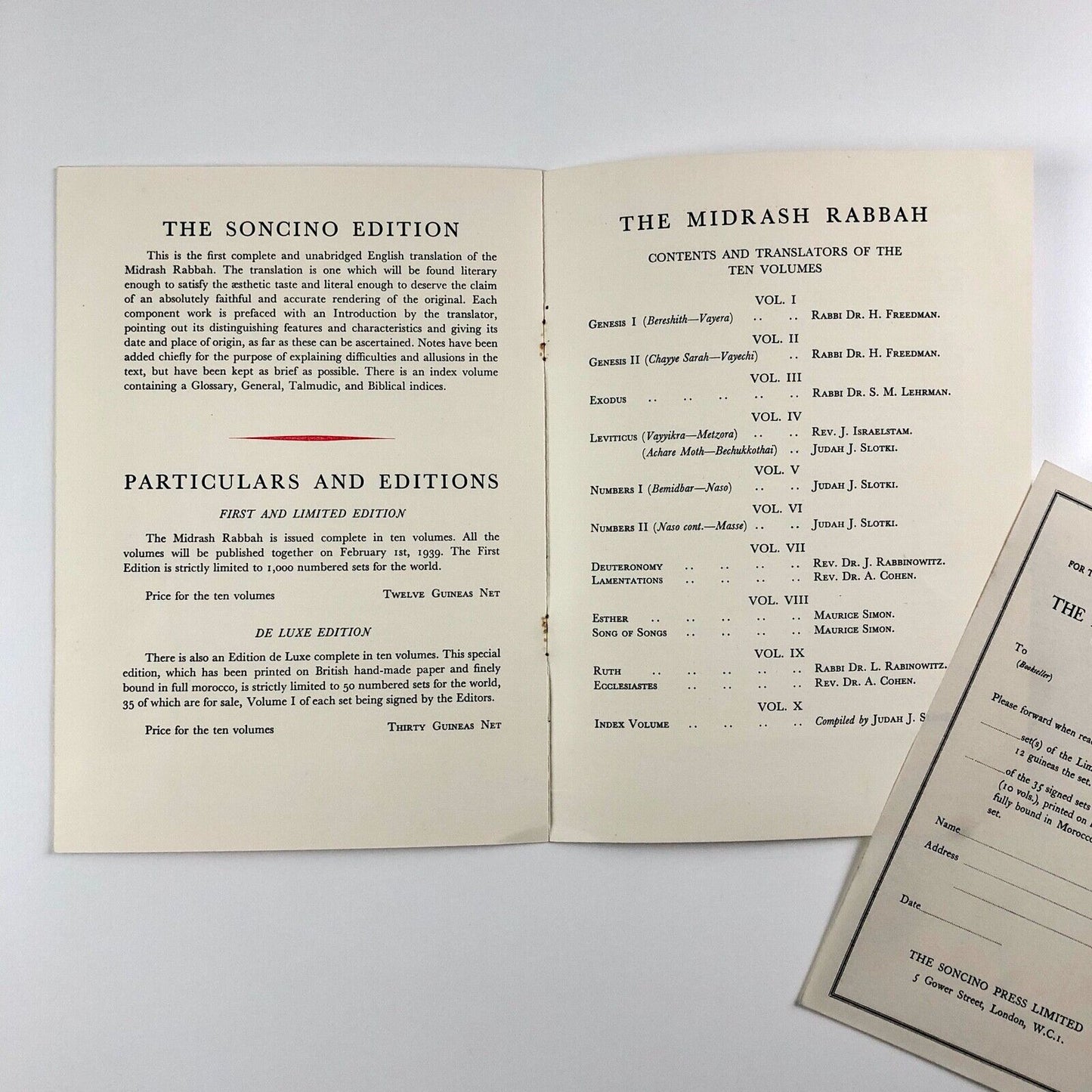 Prospectus for The Midrash Rabbah | edited by Rabbi Dr. H. Freedman | The Soncino Press 1939