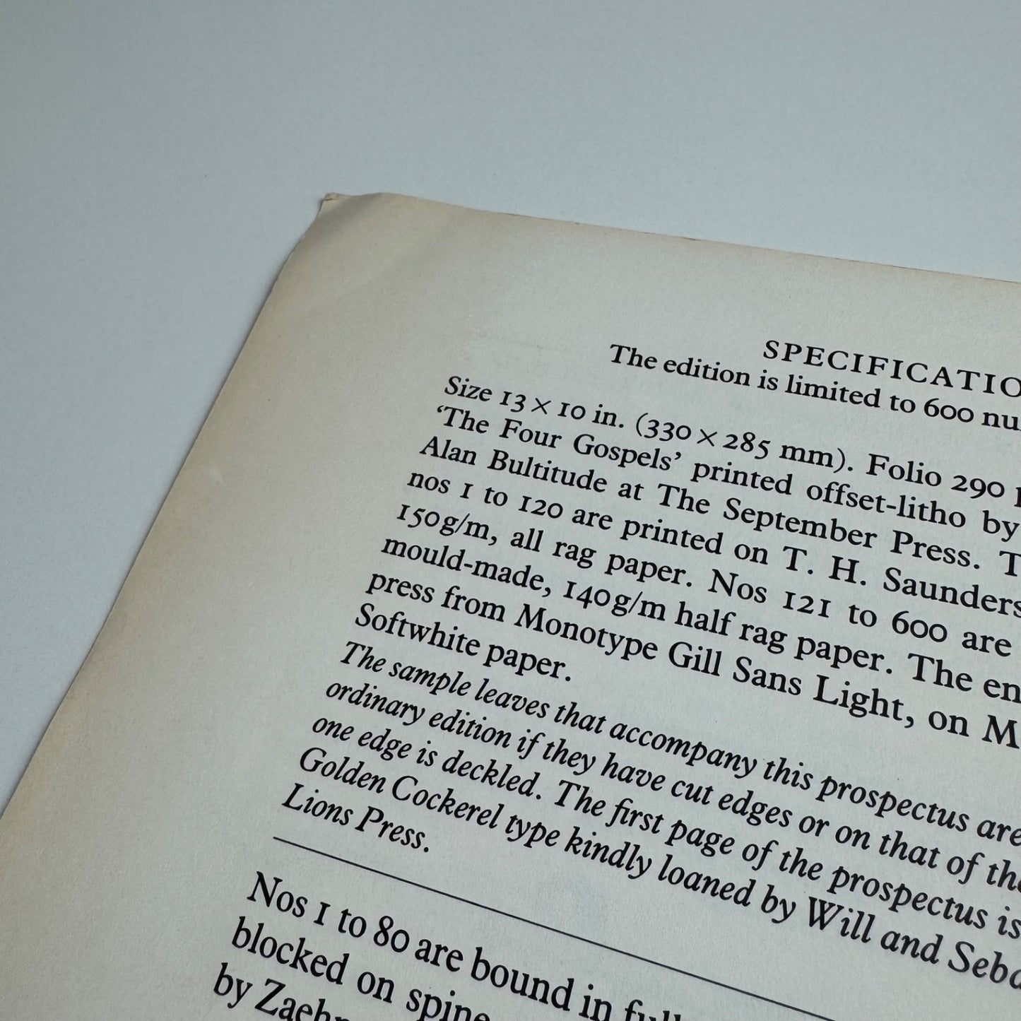 Order form for The Four Gospels The September Press Christopher Skelton, 1988 reproduction of The Golden Cockerel Press