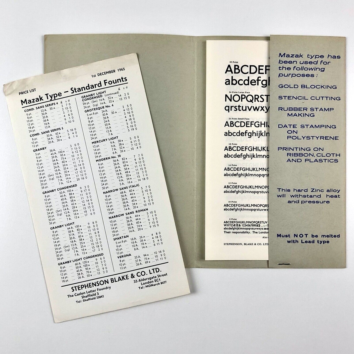 Mazak Zinc Alloy Type | Type specimen folder and inserts | Stephenson Blake Caslon | Price list dated December 1965