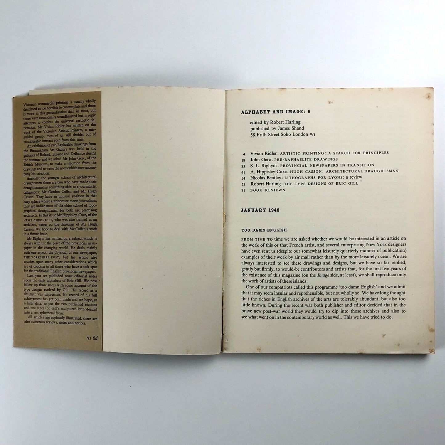 Alphabet and Image journal | includes articles on Hugh Casson, Eric Gill | Issue no. 6, January 1948 | Art & Technics Ltd, ed. Robert Harling