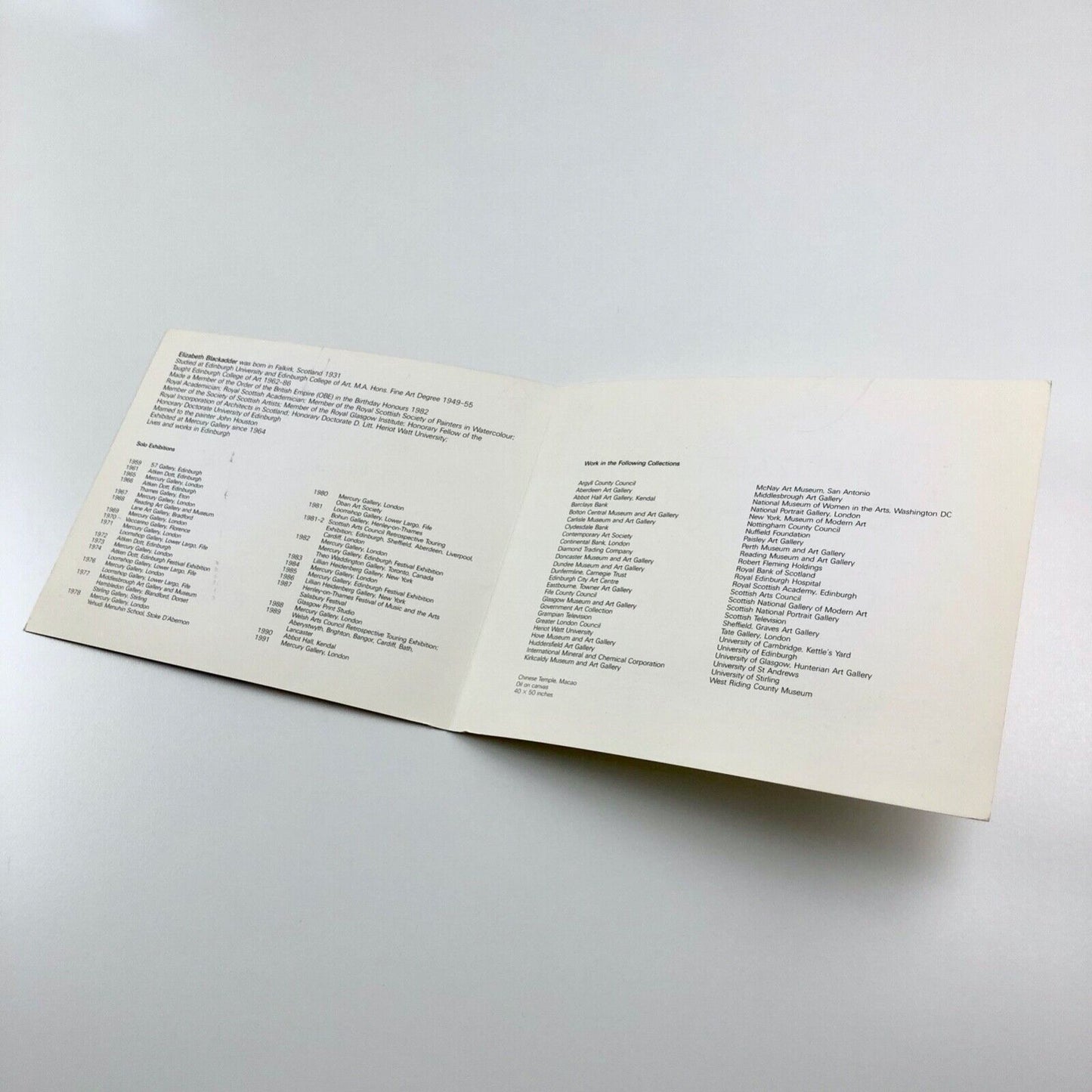 Folding card for Elizabeth Blackadder | Mercury Gallery, 1991