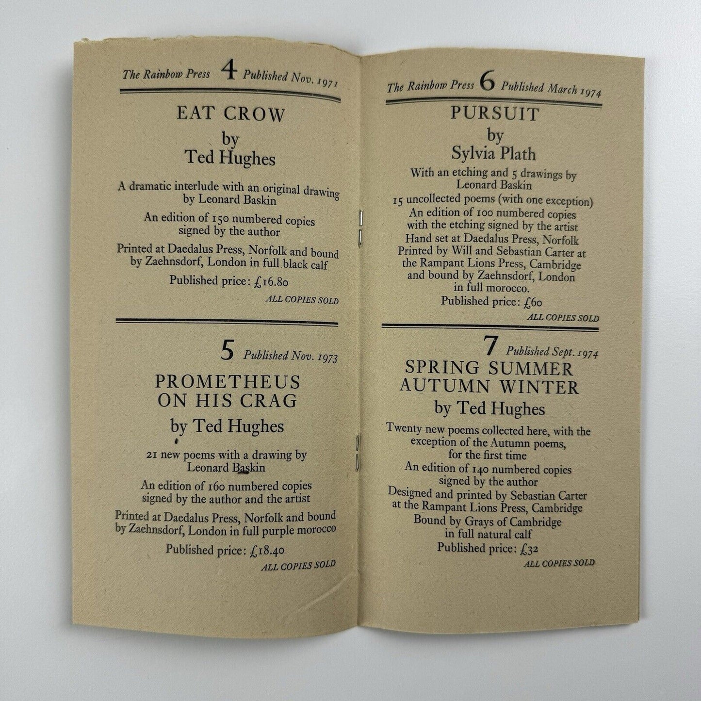 Leaflet for The Rainbow Press | The first 10 publications 1970-1977 | The John Robert Press | includes Ted Hughes, Sylvia Plath