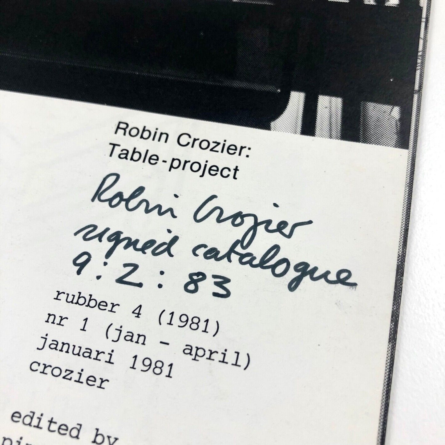 Leaflet for Robin Crozier: Table-project rubber 4 (1981) no 1, Jan to April signed