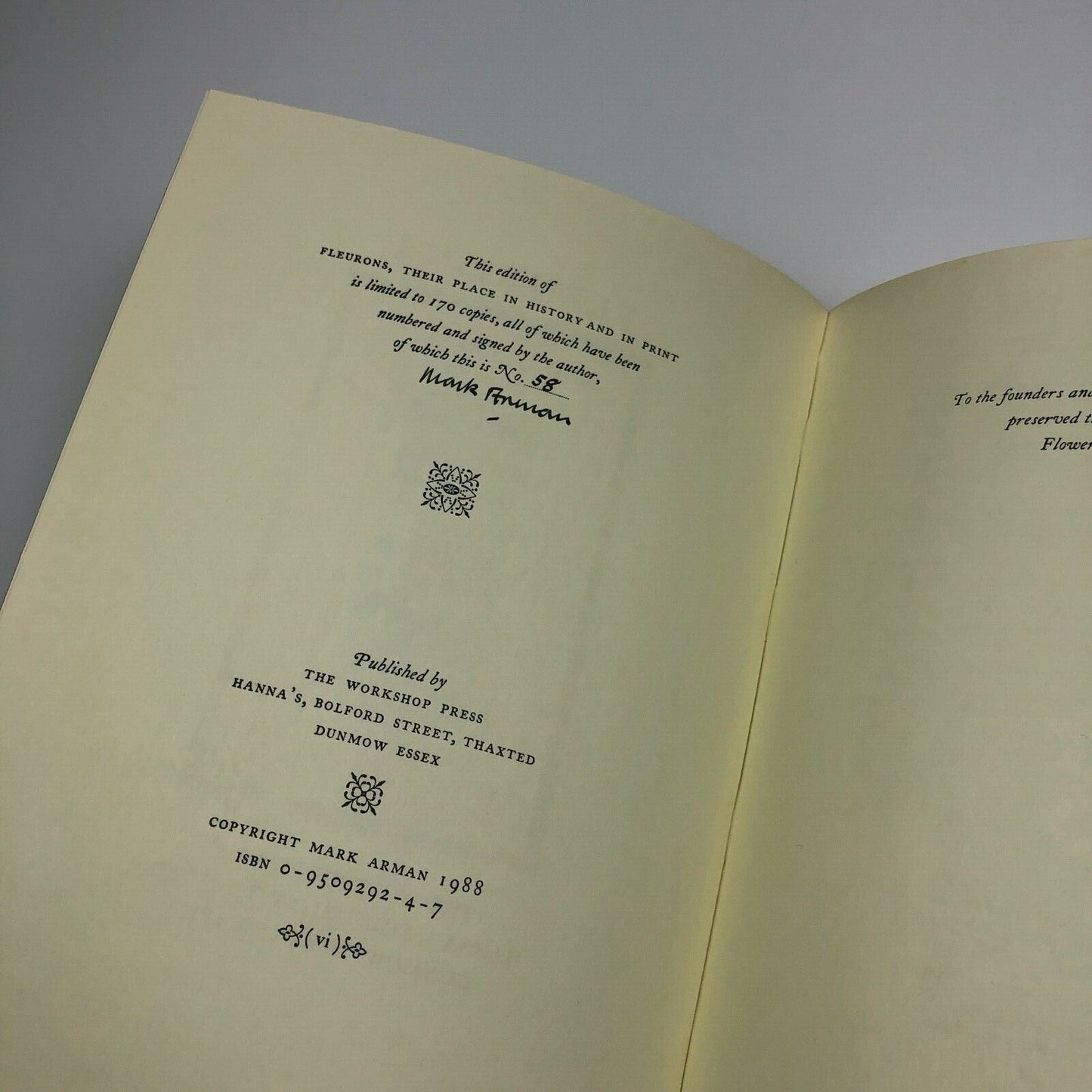 Fleurons. Their place in history and in print by Mark Arman, The Workshop Press, Thaxted, hand printed, 1988