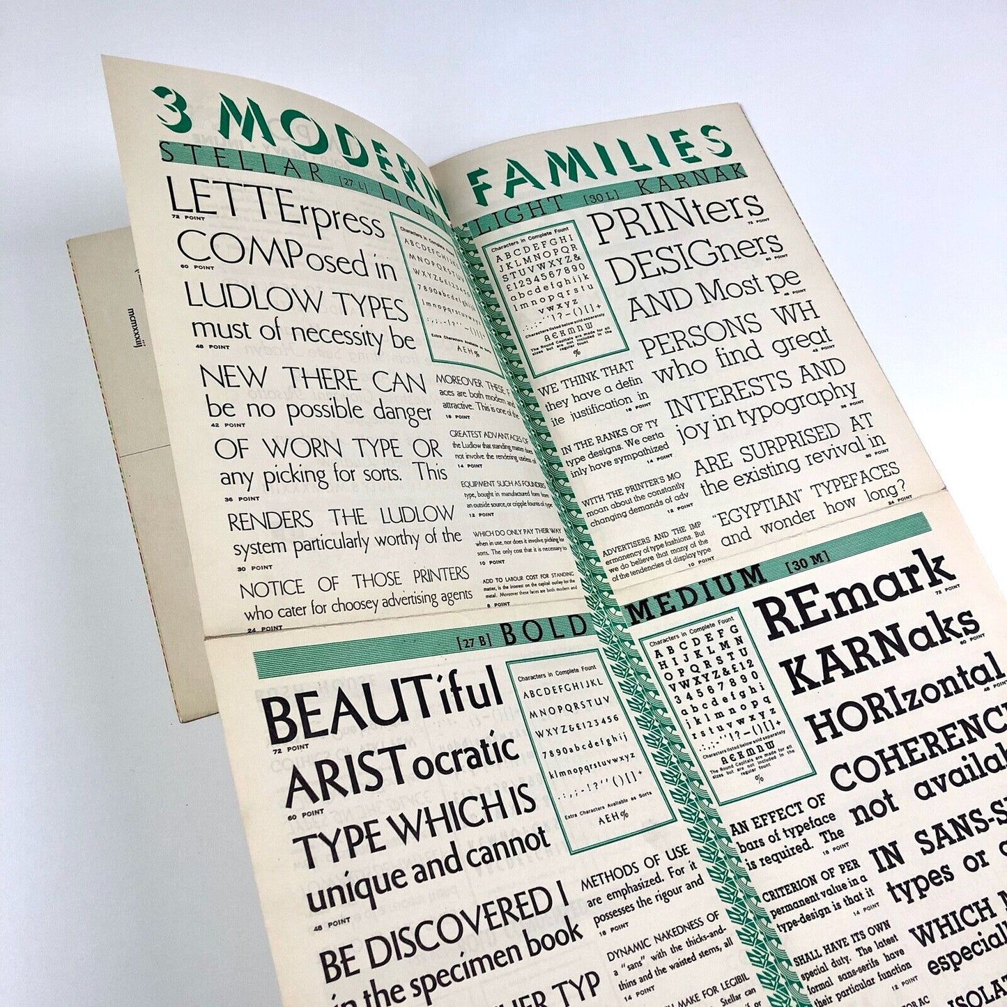 Three Modern Families: Stellar Karnak Tempo | Ludlow type specimen booklet, 1933