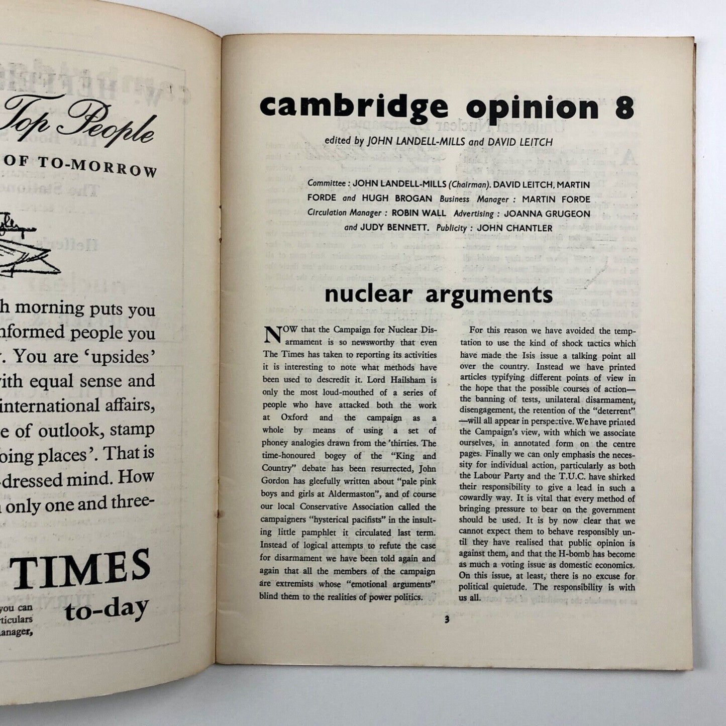 Cambridge Opinion magazine | No. 8, April 1958 nuclear arguments / disarmament | Edited by John Landell-Mills and David Leitch
