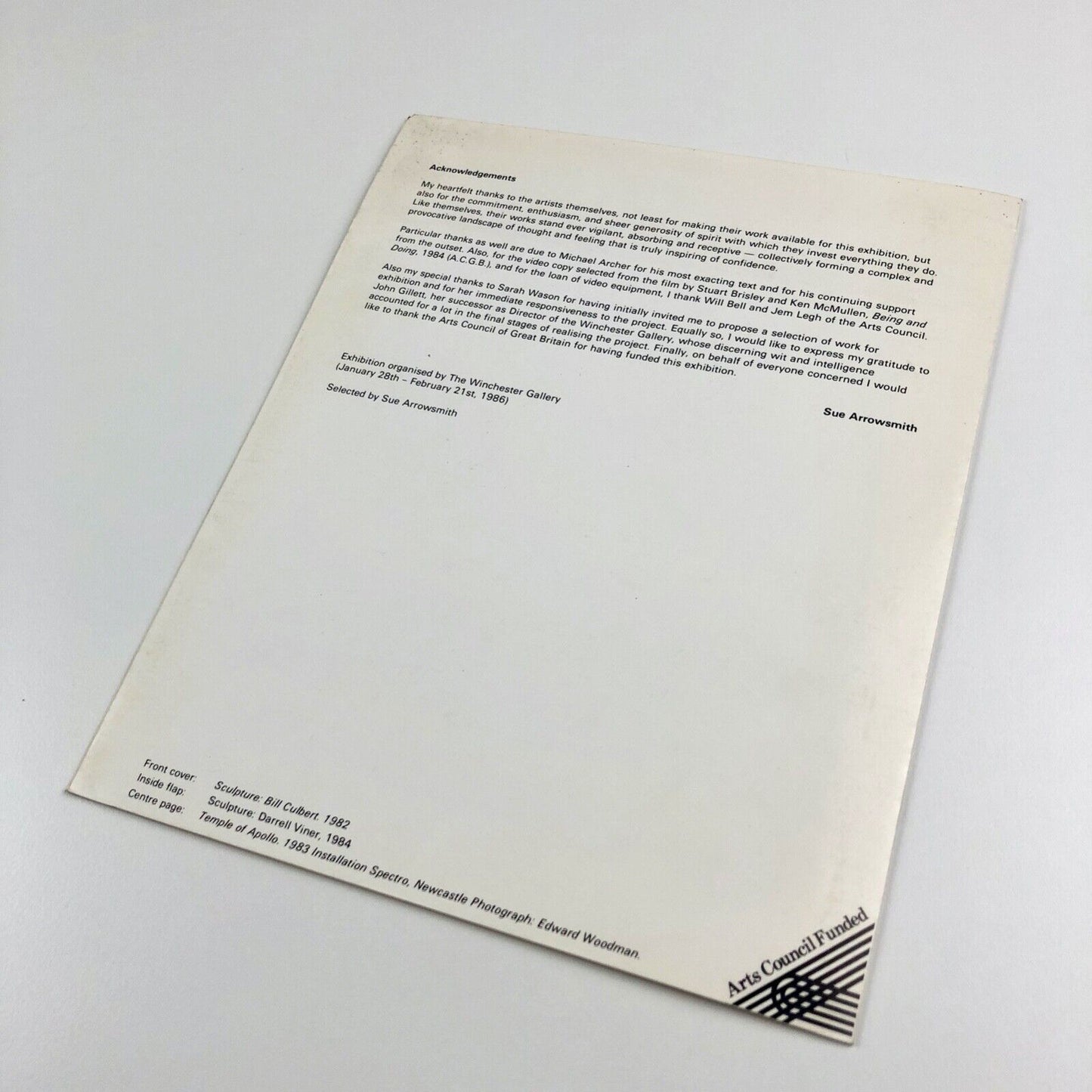 Folding card for Incidentally... The Winchester Gallery, 1986 | Selected by Sue Arrowsmith. Text by Michael Archer |