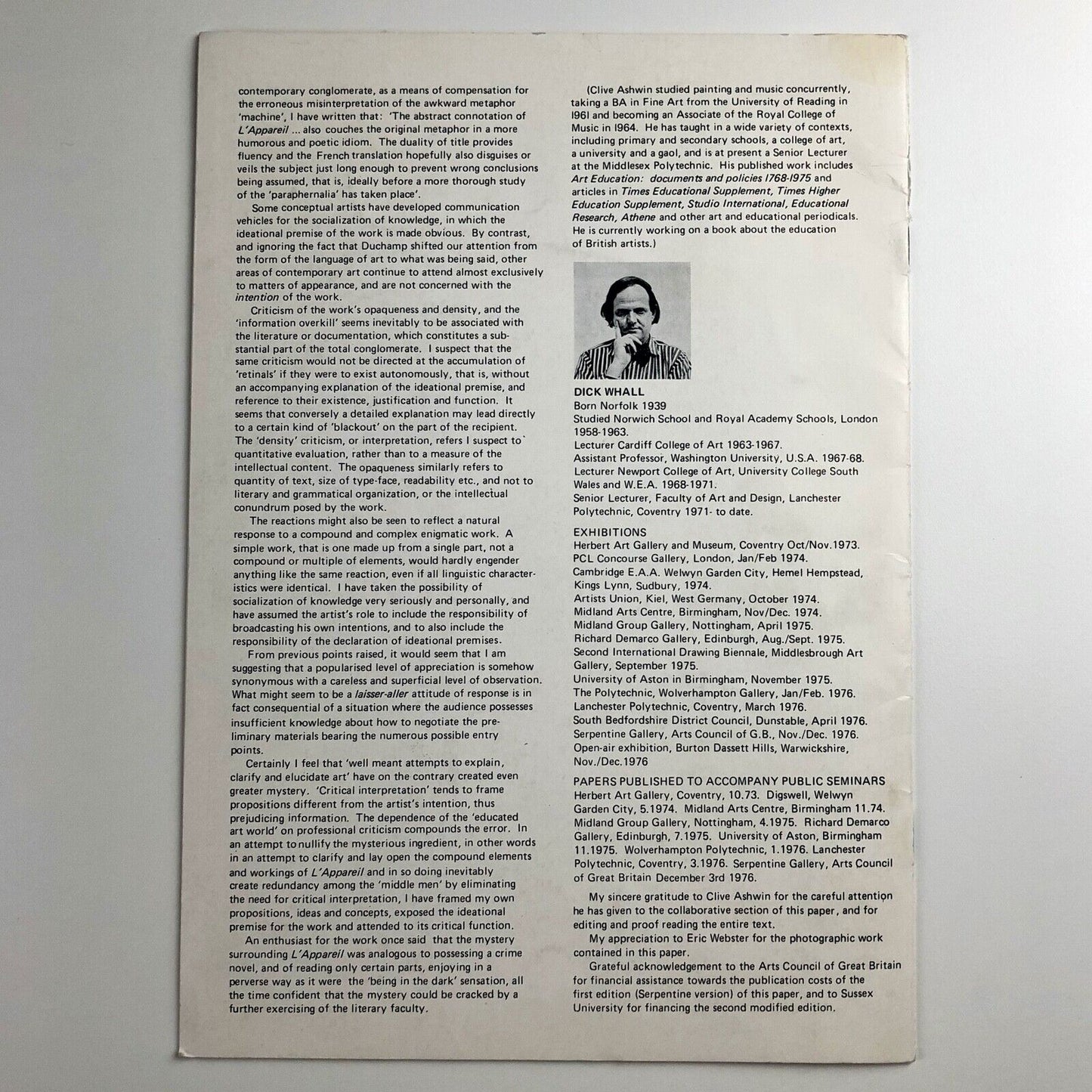 L'Appareil Pédagogique Avec Ses Apanages 1969-77 | Dick Whall | Gardner Centre Gallery leaflet, 1977