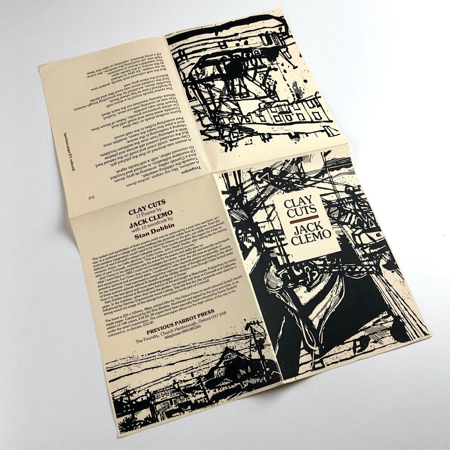 Leaflet to promote the publication Clay Cuts by Jack Clemo | woodcuts by Stan Dobbin, 1991 | Previous Parrot Press