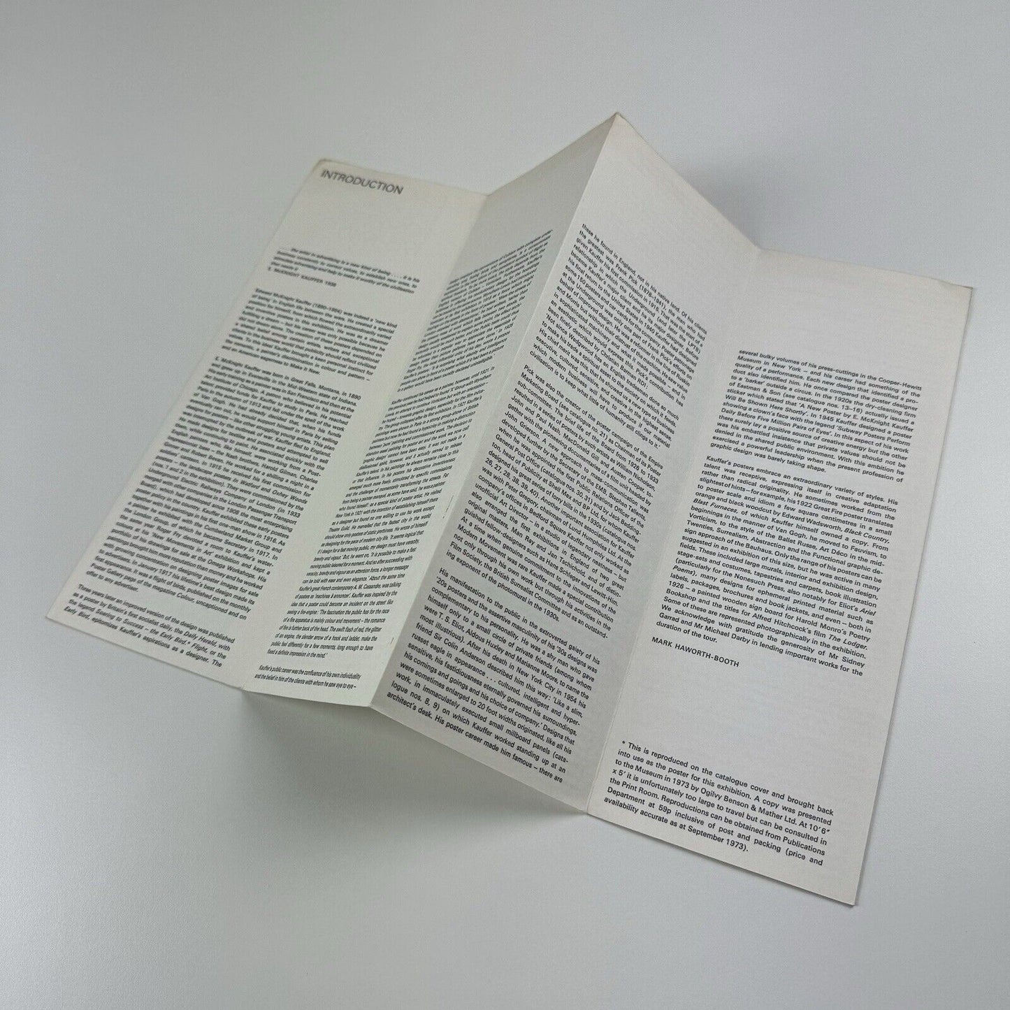 Folding card guide for E.McKnight Kauffer: Poster Art 1915-1940 travelling exhibition organised by V&A Circulation Dept 1973