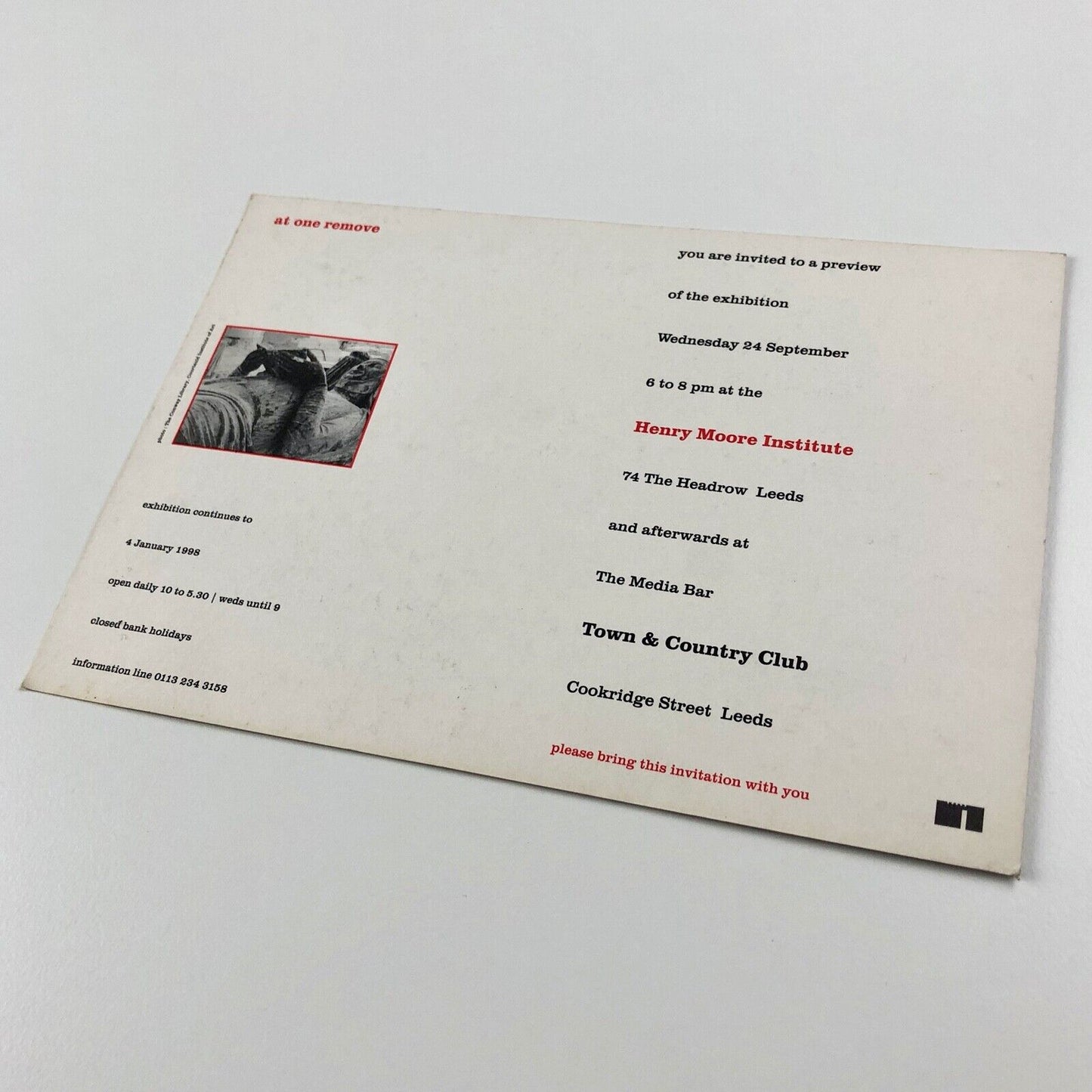 At One Remove | Private view invite | Henry Moore Institute 1997