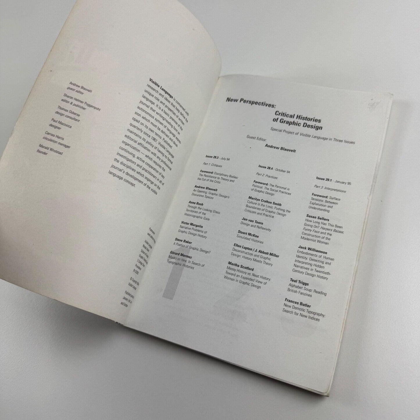 Visible Language journal Vol 28 Number 3 July 1994 Special Project Critical Histories of Graphic Design Part 1 Critiques. Guest editor Andrew Blauvelt