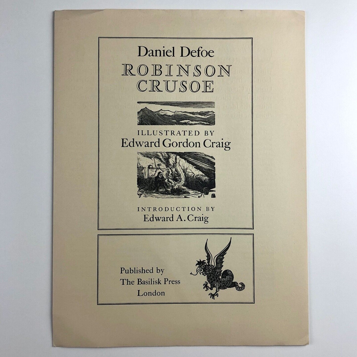Prospectus for Daniel Defoe, Robinson Crusoe | Basilisk Press| illustrations by Edward Gordon Craig