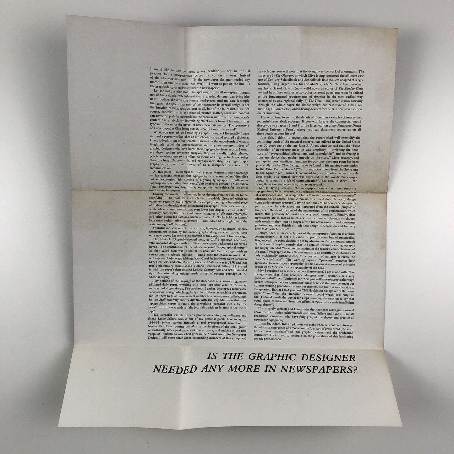 Allen Hutt. Printed typescript/keepsake for talk to the Wynkyn de Worde Lunch 26 September 1968 - 'Is the newspaper designer needed any more?'