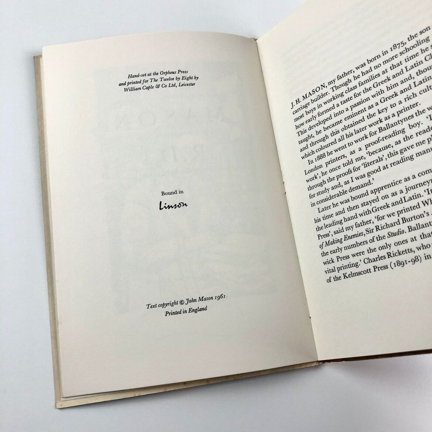 J. H. Mason R.D.I. – A Selection from the Notebooks of a Scholar-Printer by John Mason | Illustrated by Rigby Graham | 1961 signed