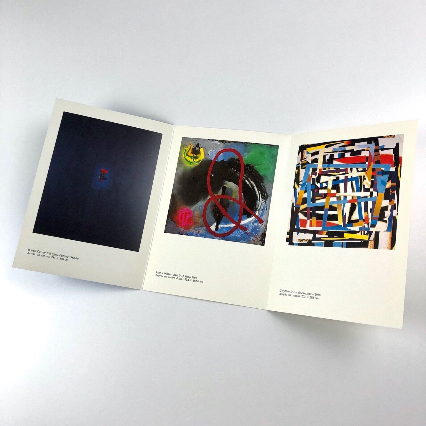 Folding card for Three Artists Three Decades: Robyn Denny, John Holland, Gwyther Irwin | Redfern Gallery, 1992