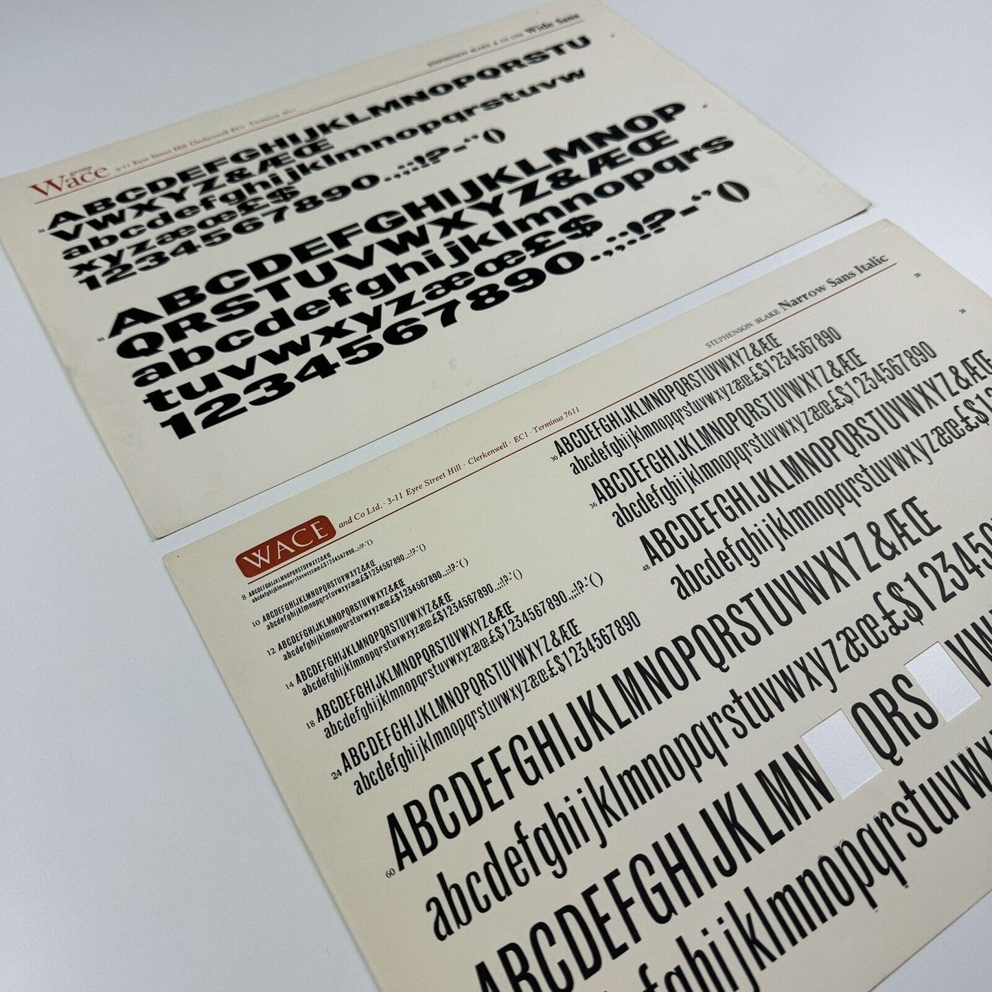 2 x Stephenson Blake type specimen sheets: Wide Sans and Narrow Sans Italic | Wace Group