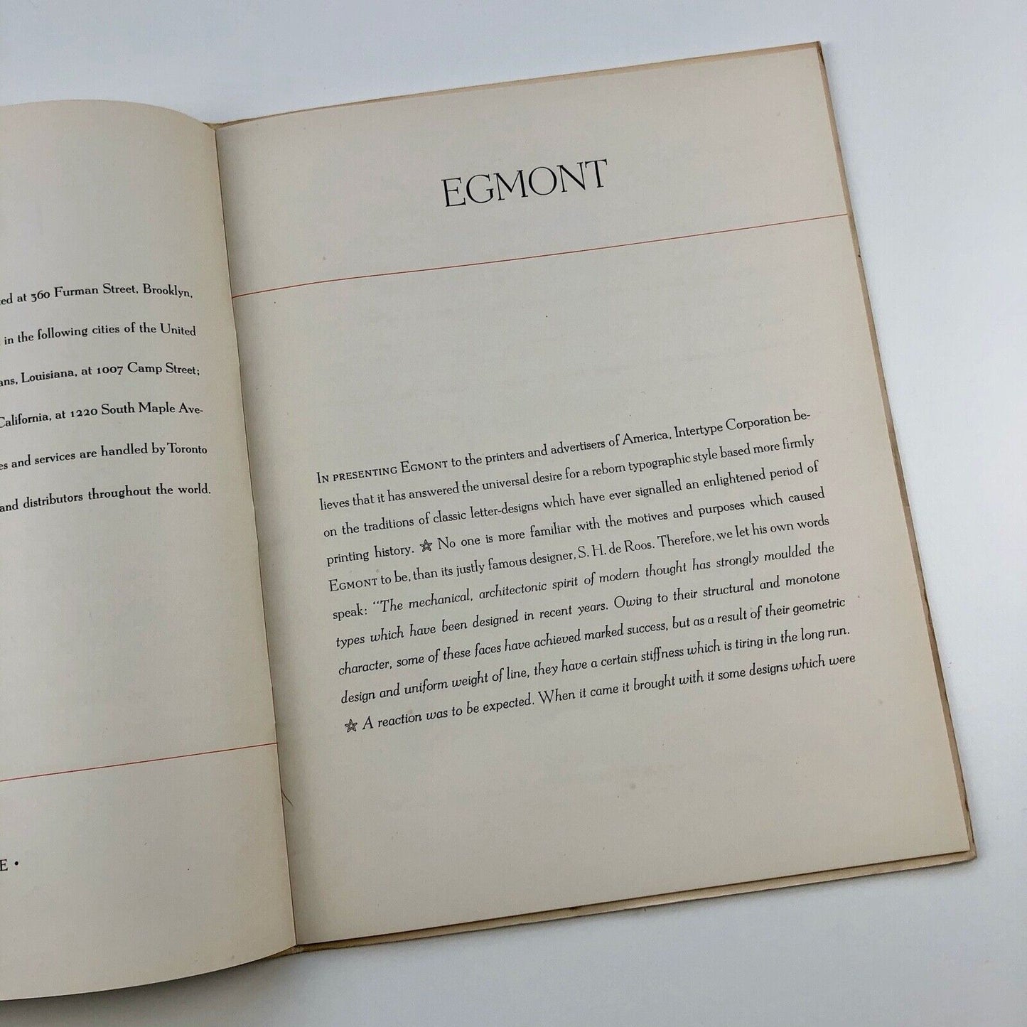 Egmont type specimen booklet | Intertype Corporation, Brooklyn | type design by S.H. de Roos 1936