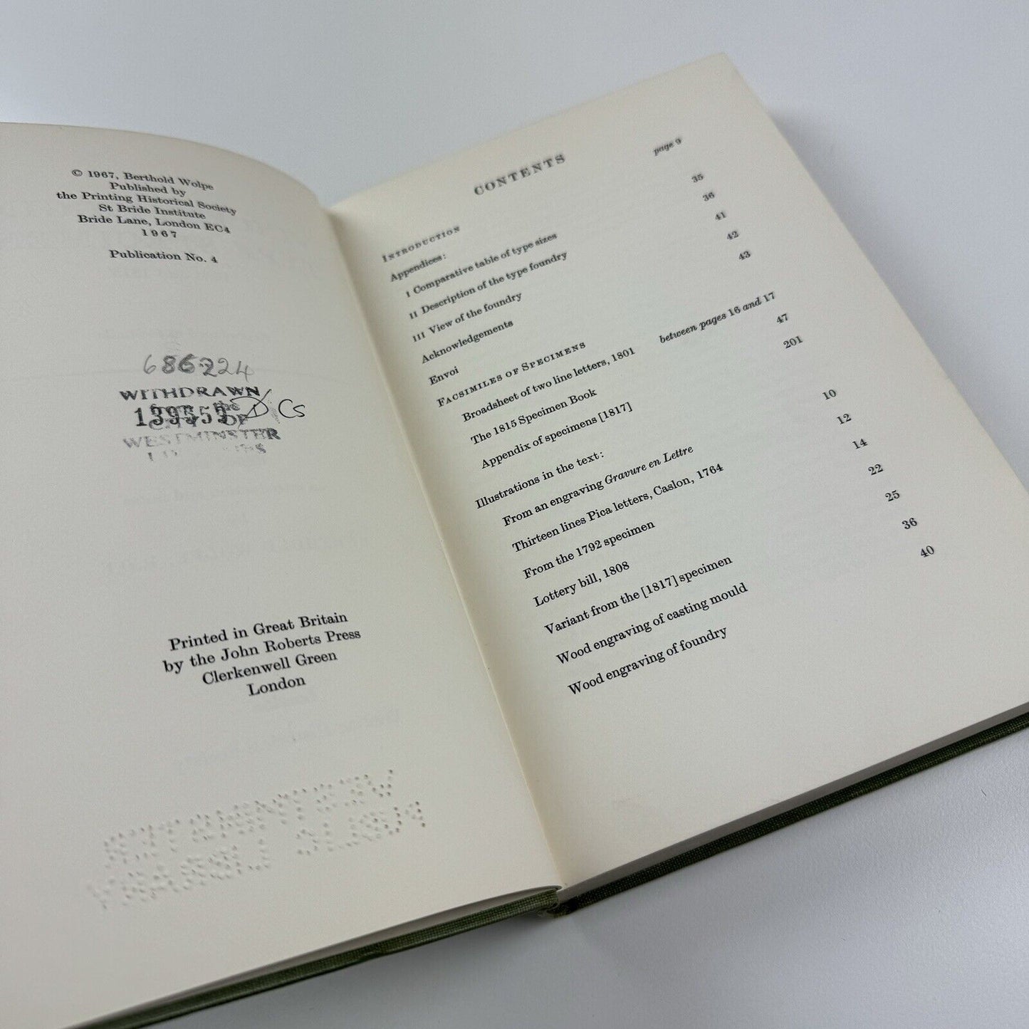 Vincent Figgins Type Specimens 1801 and 1815 edited Berthold Wolpe | The Printing Historical Society, St Bride Institute, 1967 | ex-library Westminster Libraries