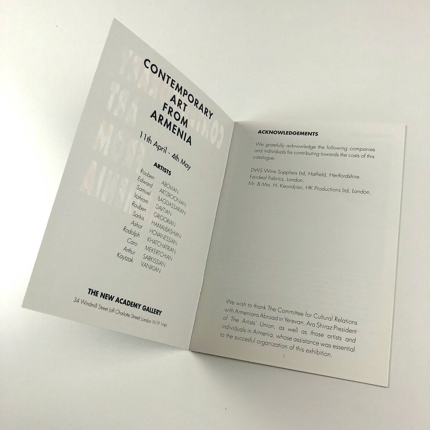Contemporary Art From Armenia | New Academy Gallery exhibition booklet, 1991