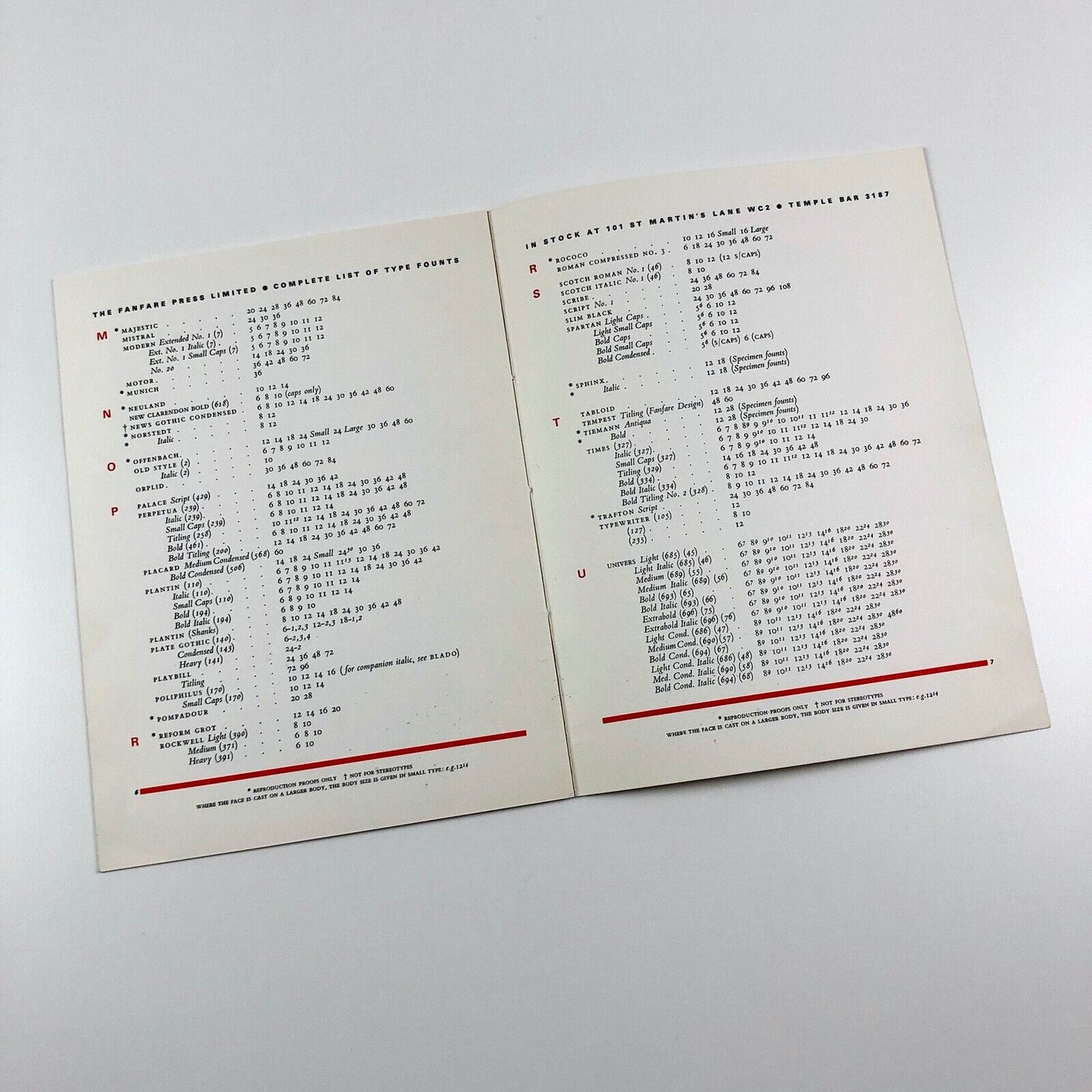 Type founts and sizes held at The Fanfare Press | Type specimen leaflet