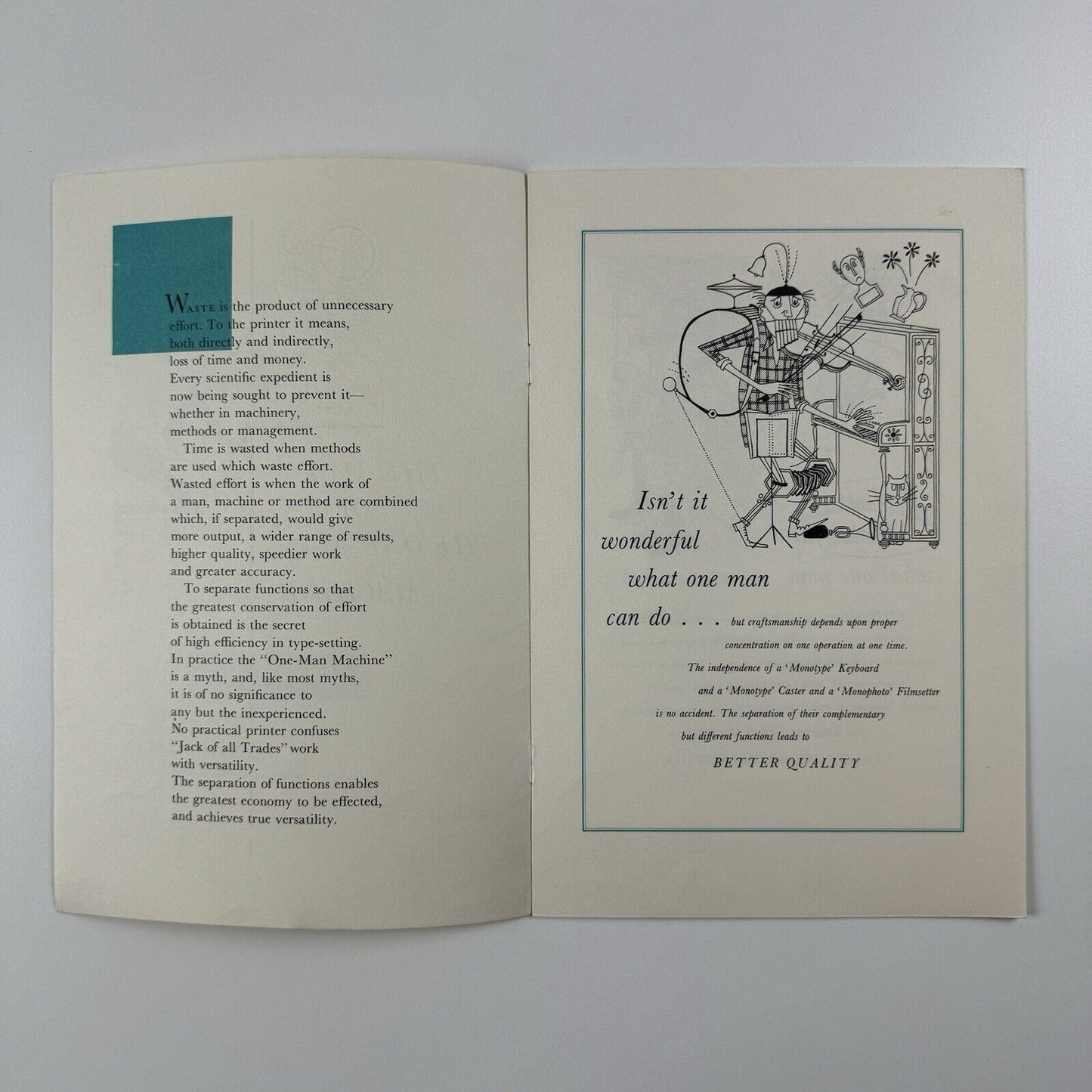 Leaflet The myth of the one-man machine. Monotype Monophoto | Peter Kneebone illustrations, undated