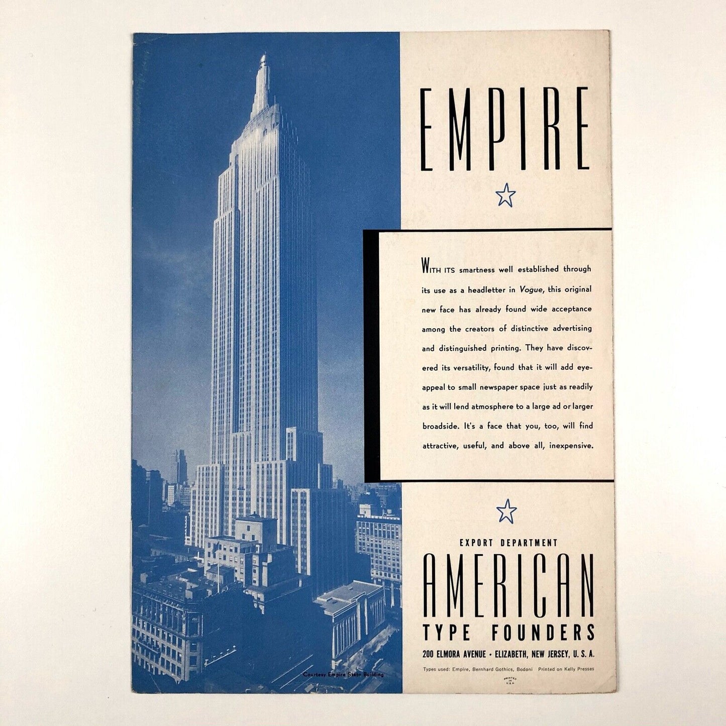 American Type Founders | Empire type specimen leaflet, 1937