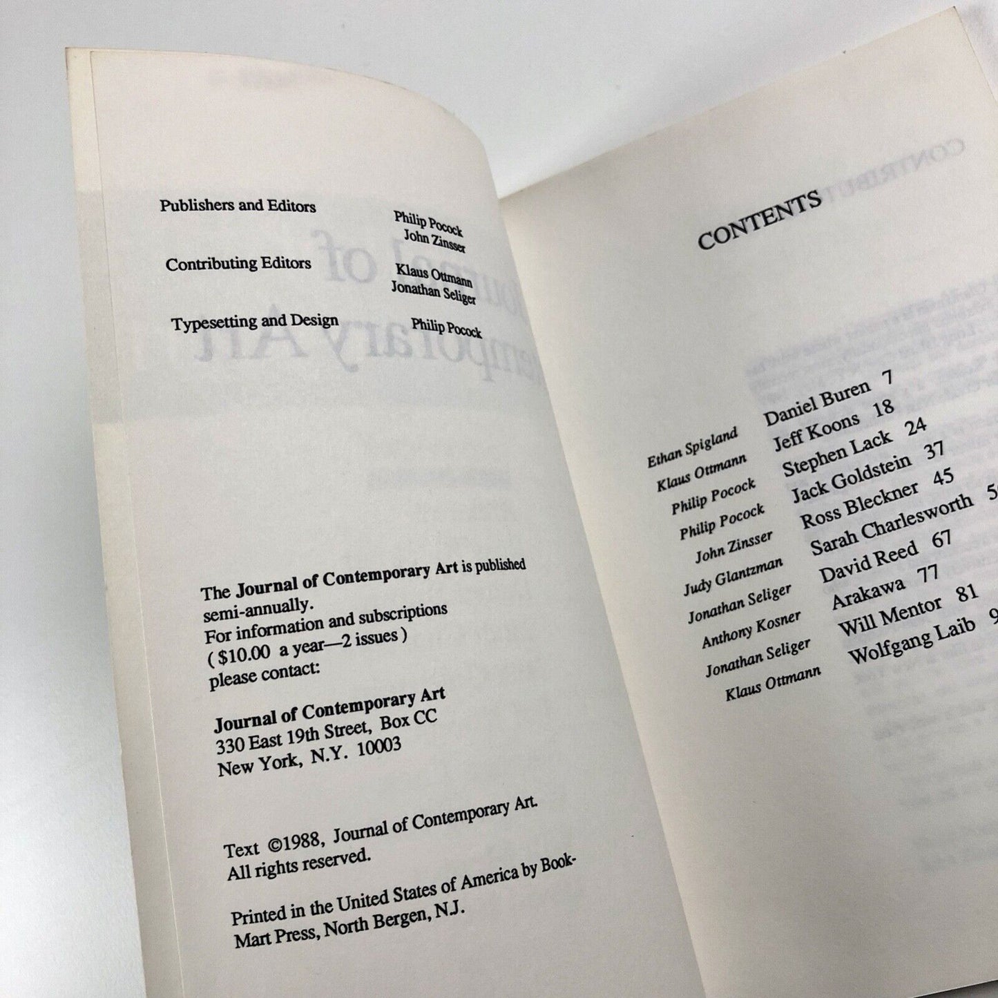 Journal of Contemporary Art. Volume 1 Number 1 First Issue Spring 1988 eds. Philip Pocock and John Zinsser