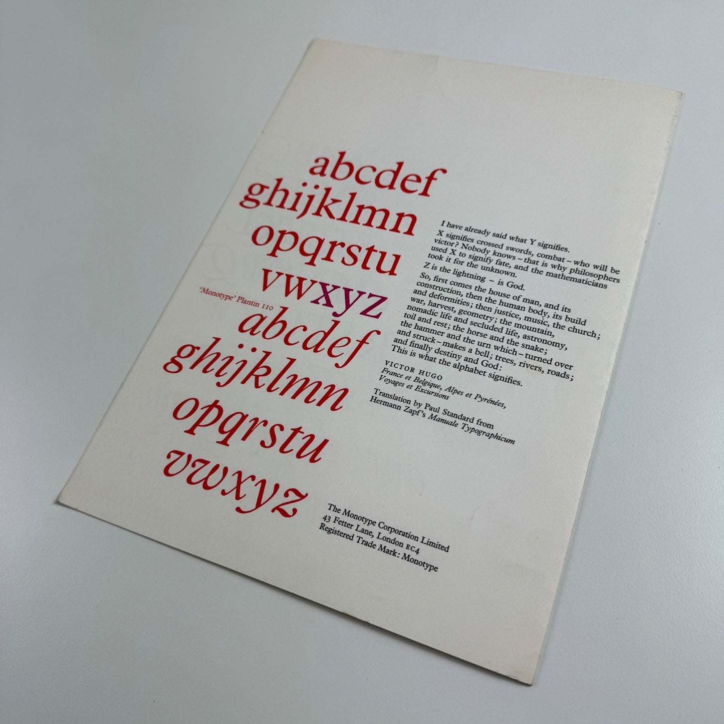Leaflet Monotype Centaur Victor Hugo Herman Zapf Manuale Typographicum, undated