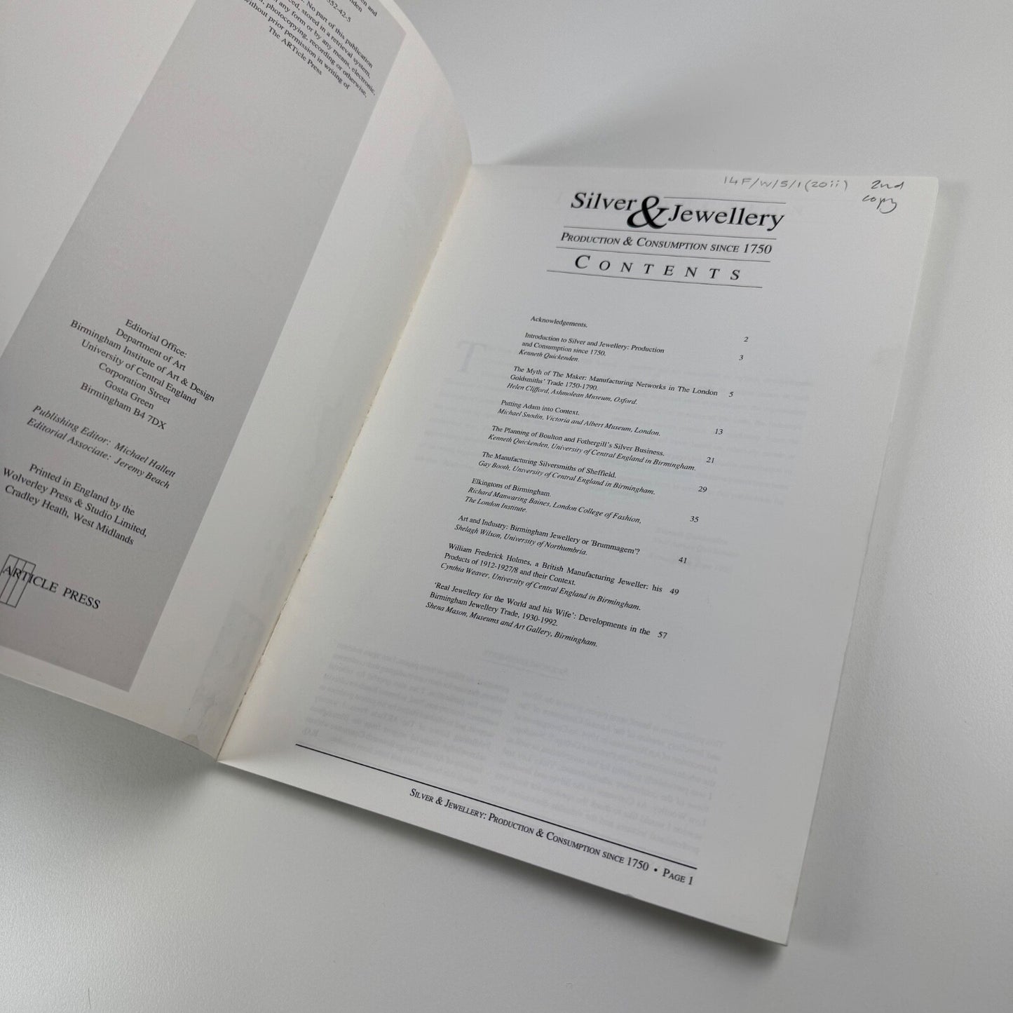 Silver & Jewellery Production & Consumption Since 1750. Edited by Kenneth Quickenden & Neal Adrian Quickenden | University of Central in England in Birmingham (UCE)/Article Press, 1995